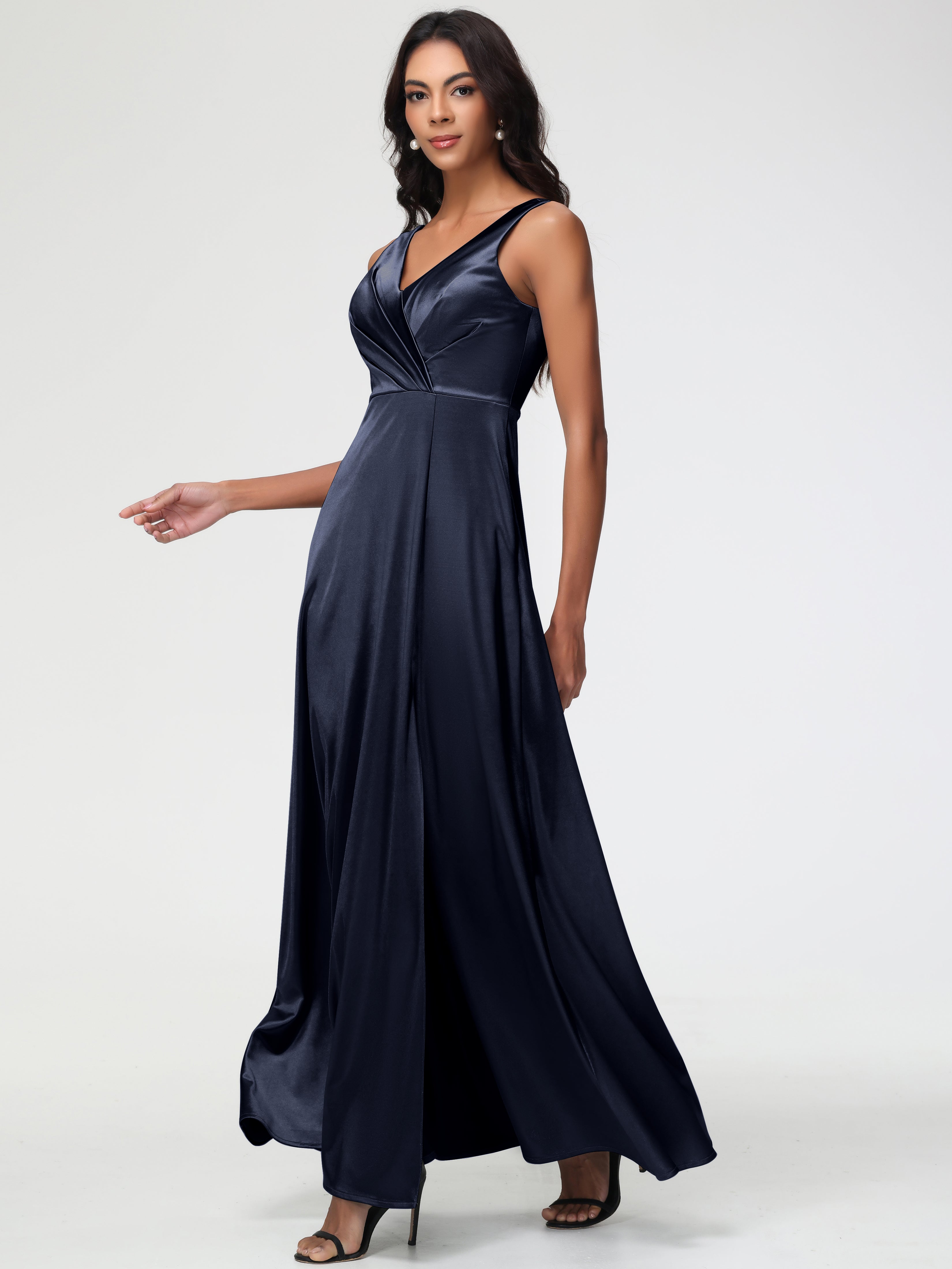 Robe Demoiselle D Honneur Bleue Marine Col V Bretelles épaisses Trapèze Satin Extensible Fendue Robe De Demoiselle D'Honneur