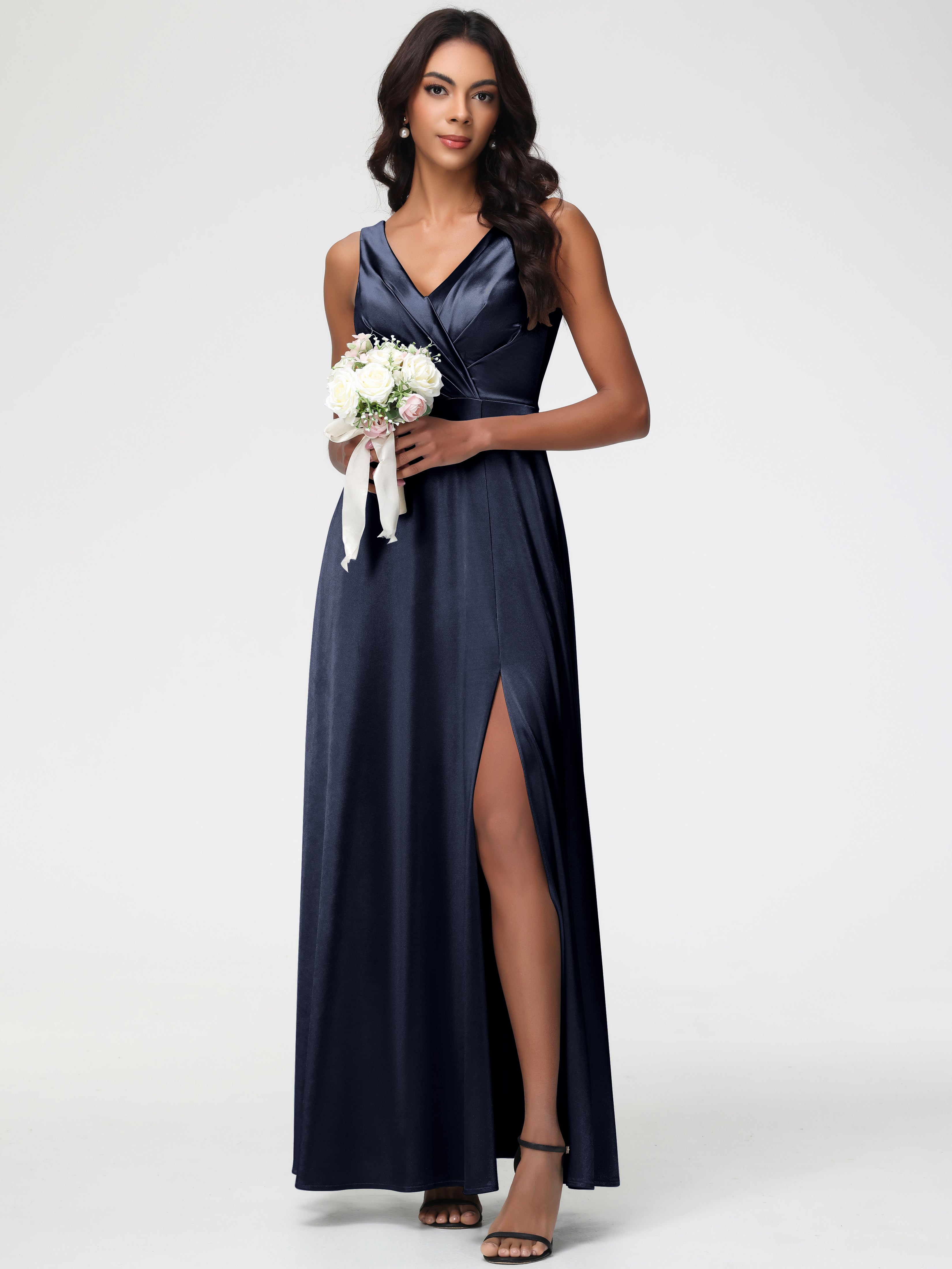 Robe Demoiselle D Honneur Bleue Marine Col V Bretelles épaisses Trapèze Satin Extensible Fendue Robe De Demoiselle D'Honneur