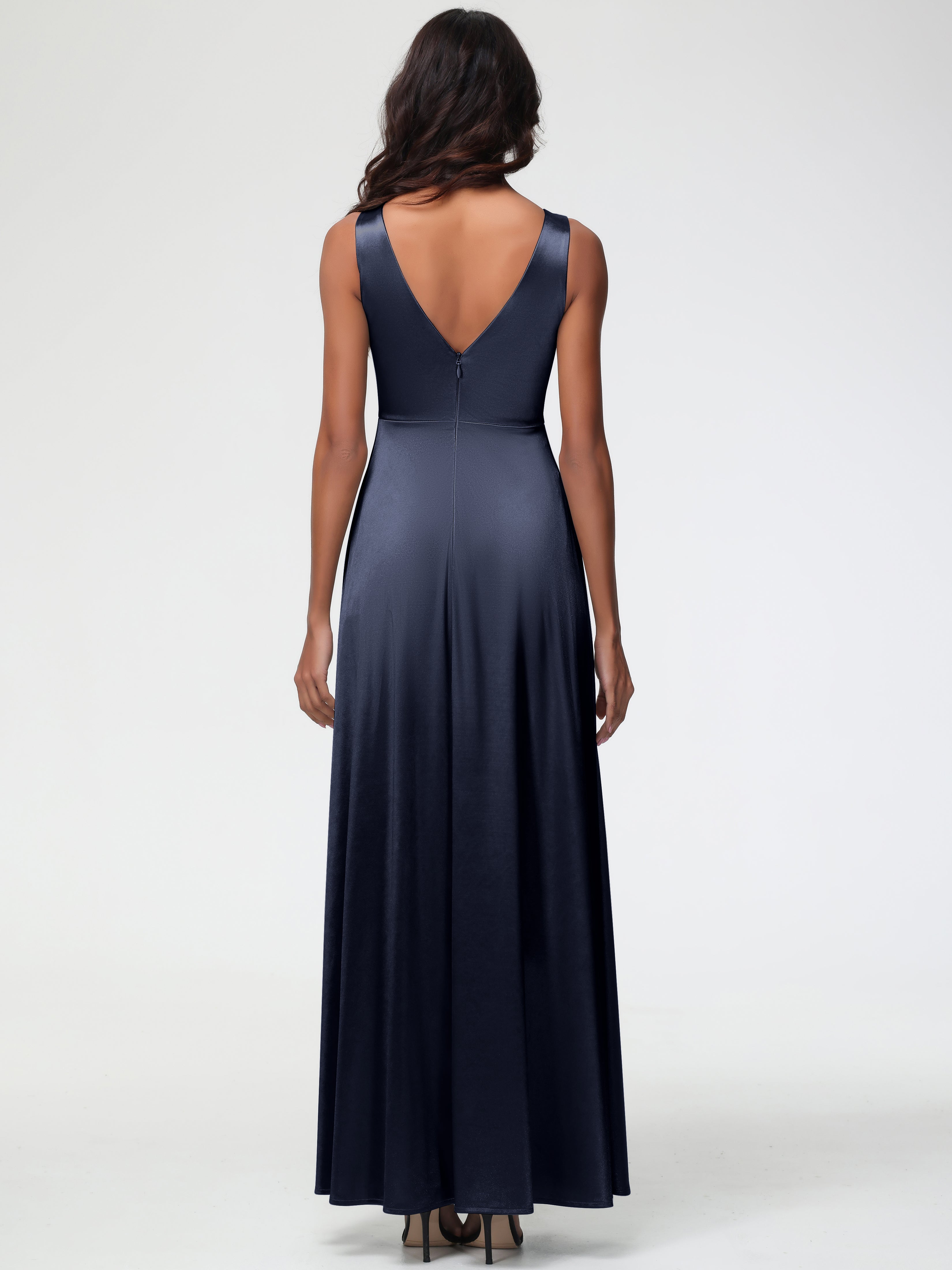 Robe Demoiselle D Honneur Bleue Marine Col V Bretelles épaisses Trapèze Satin Extensible Fendue Robe De Demoiselle D'Honneur