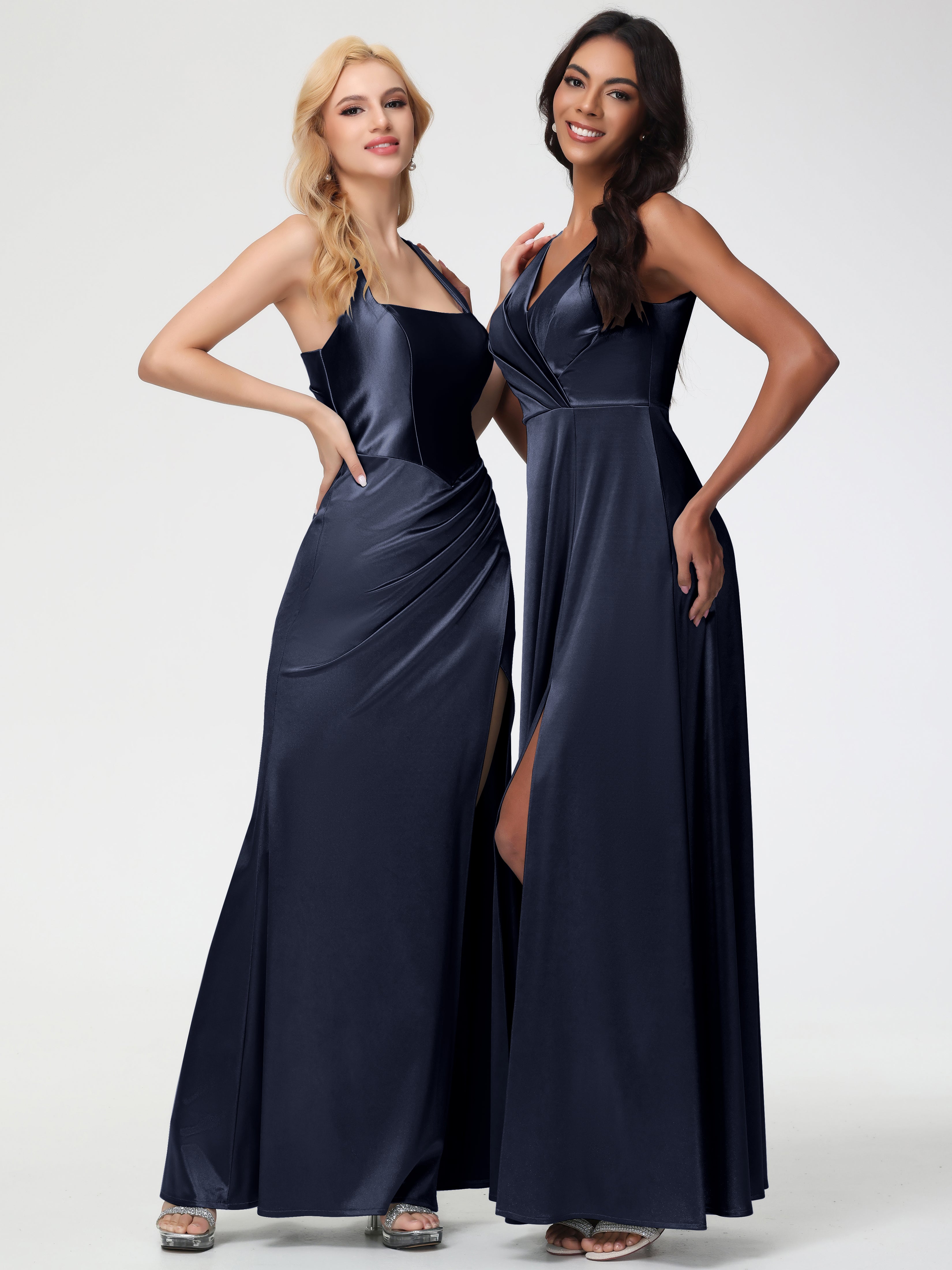 Robe Demoiselle D Honneur Bleue Marine Col V Bretelles épaisses Trapèze Satin Extensible Fendue Robe De Demoiselle D'Honneur