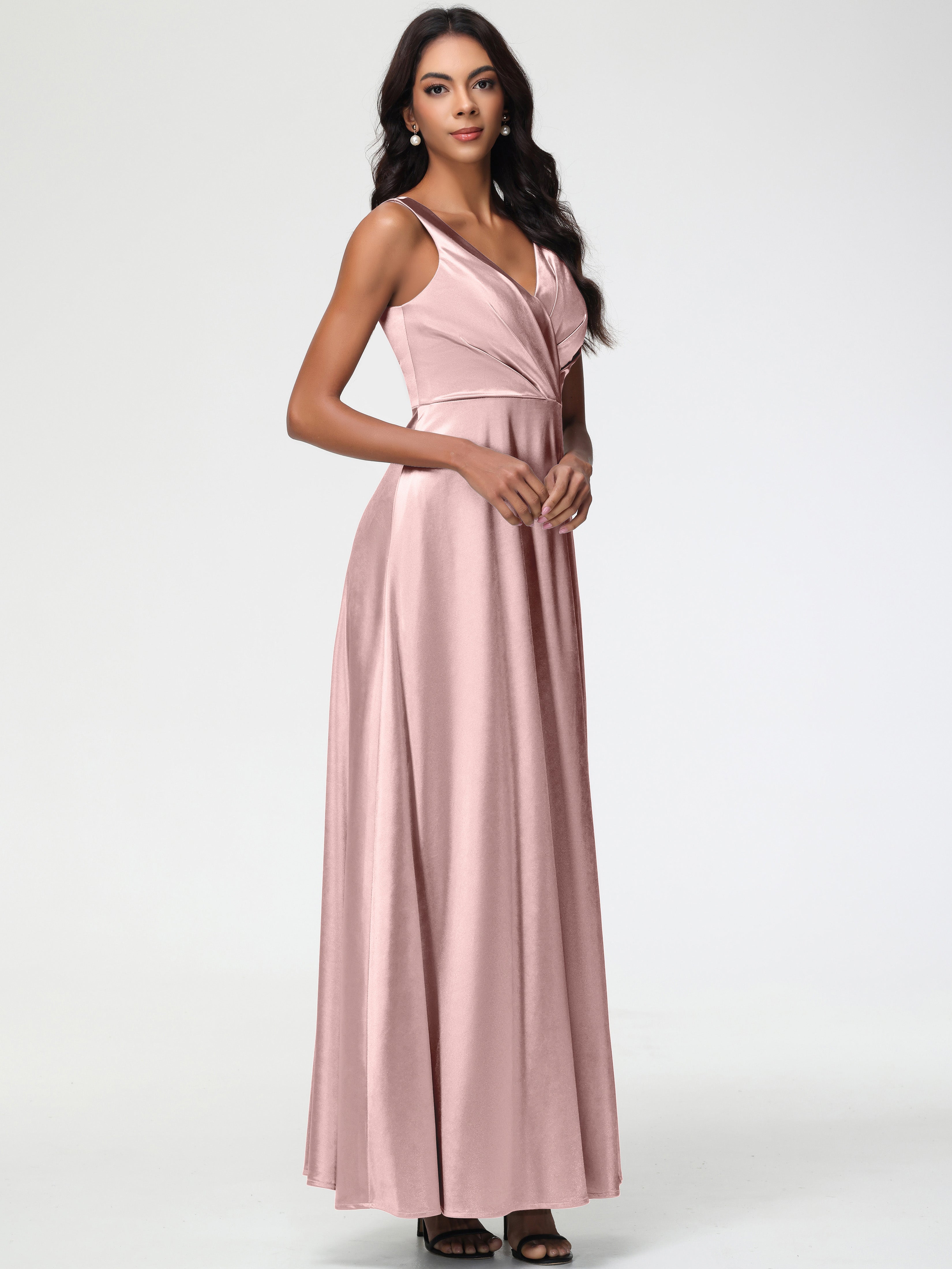 Robe Demoiselle D Honneur ROSE POUDRÉe Longue Col V Bretelles épaisses Trapèze Satin Extensible Fendue Robe De Demoiselle D'Honneur