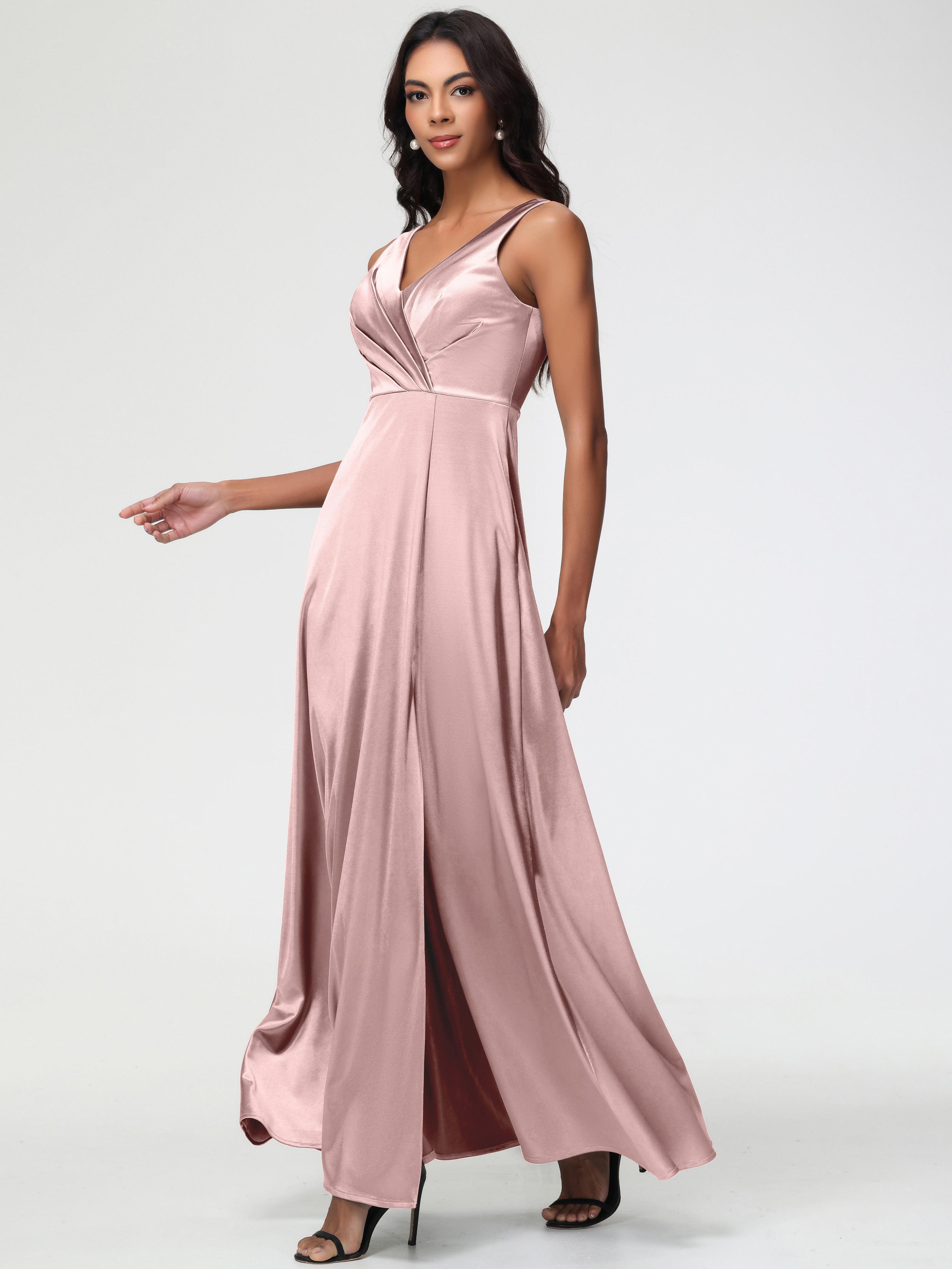 Robe Demoiselle D Honneur ROSE POUDRÉe Longue Col V Bretelles épaisses Trapèze Satin Extensible Fendue Robe De Demoiselle D'Honneur