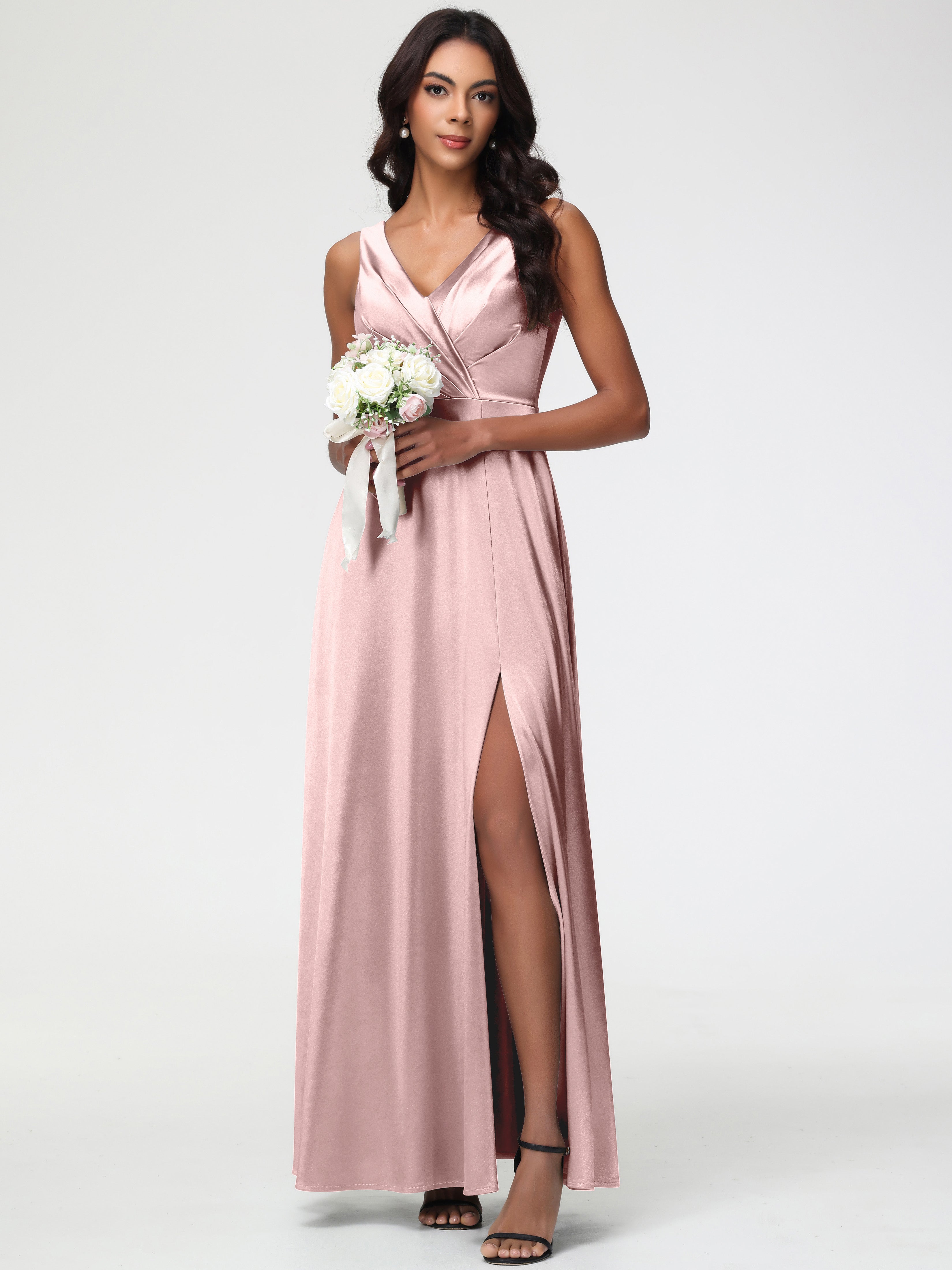 Robe Demoiselle D Honneur ROSE POUDRÉe Longue Col V Bretelles épaisses Trapèze Satin Extensible Fendue Robe De Demoiselle D'Honneur