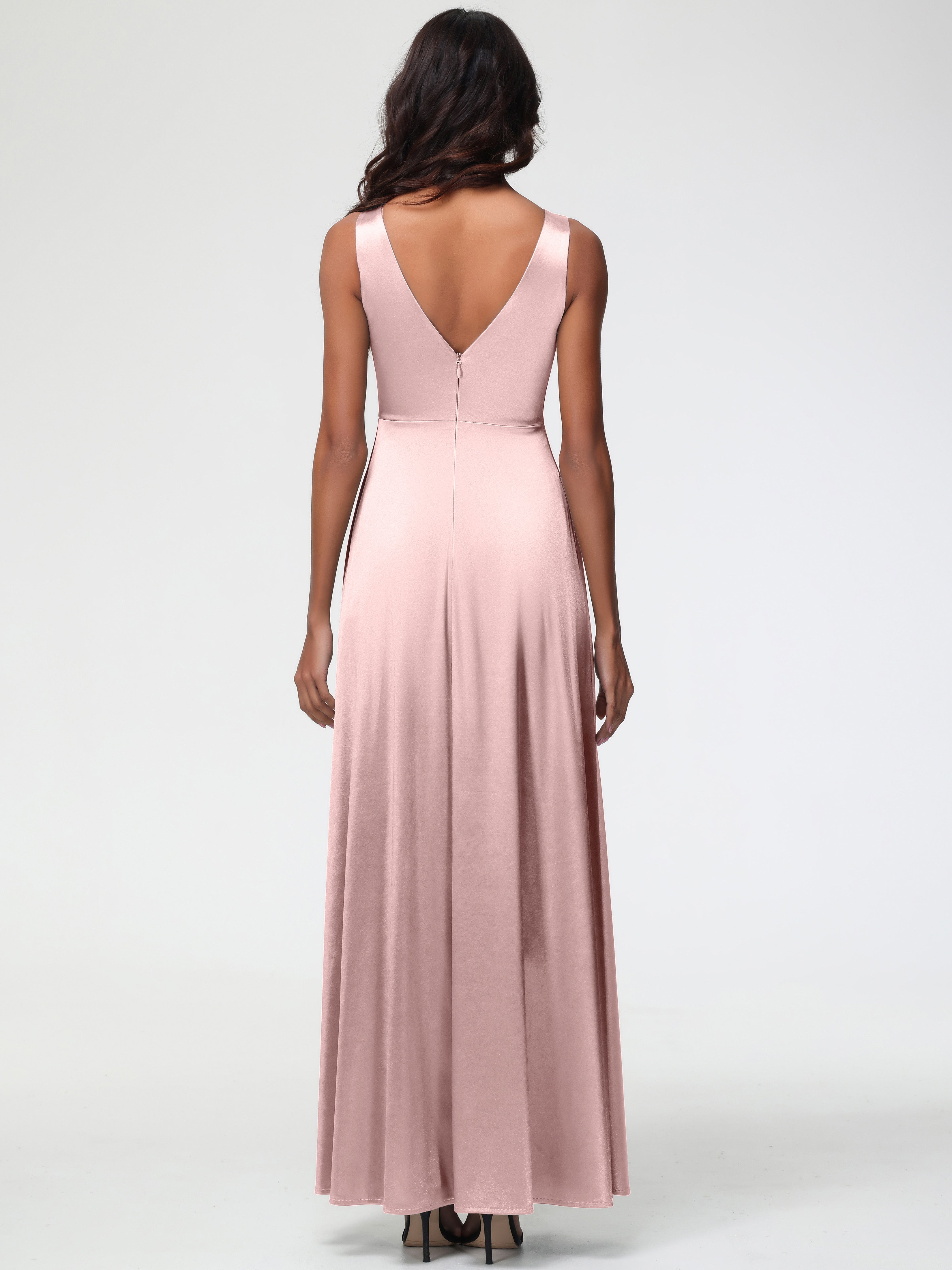 Robe Demoiselle D Honneur ROSE POUDRÉe Longue Col V Bretelles épaisses Trapèze Satin Extensible Fendue Robe De Demoiselle D'Honneur
