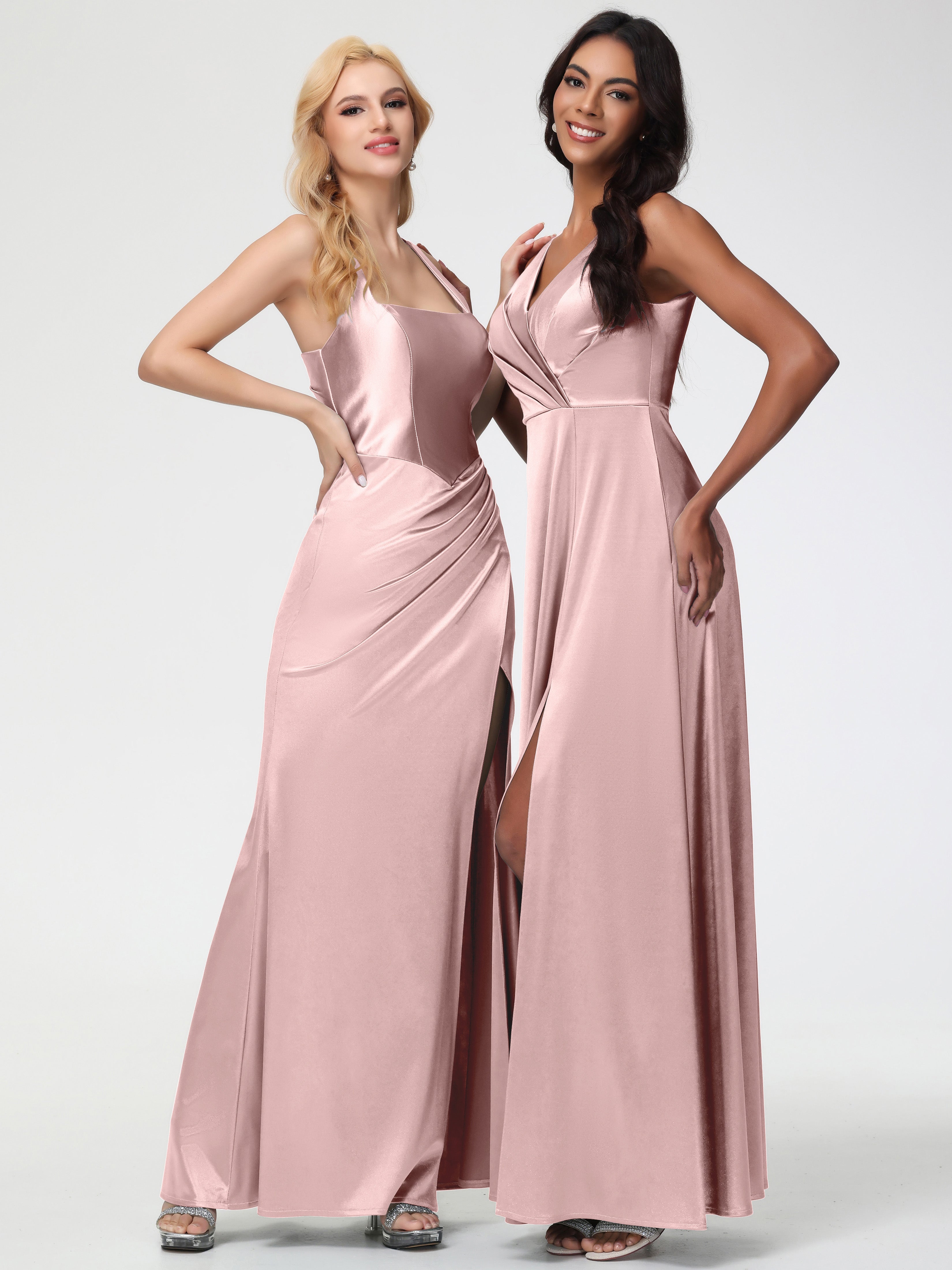 Robe Demoiselle D Honneur ROSE POUDRÉe Longue Col V Bretelles épaisses Trapèze Satin Extensible Fendue Robe De Demoiselle D'Honneur