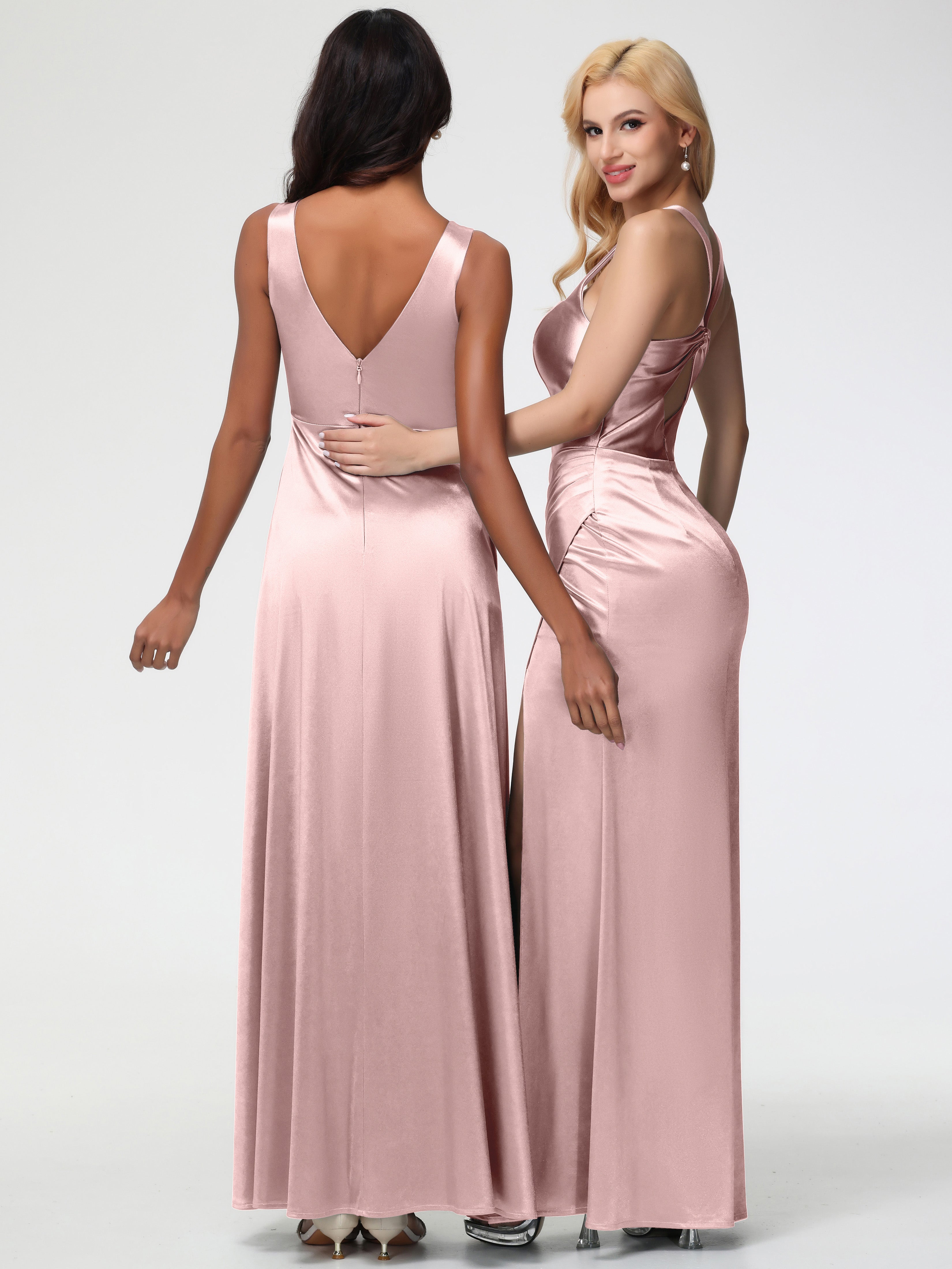 Robe Demoiselle D Honneur ROSE POUDRÉe Longue Col V Bretelles épaisses Trapèze Satin Extensible Fendue Robe De Demoiselle D'Honneur