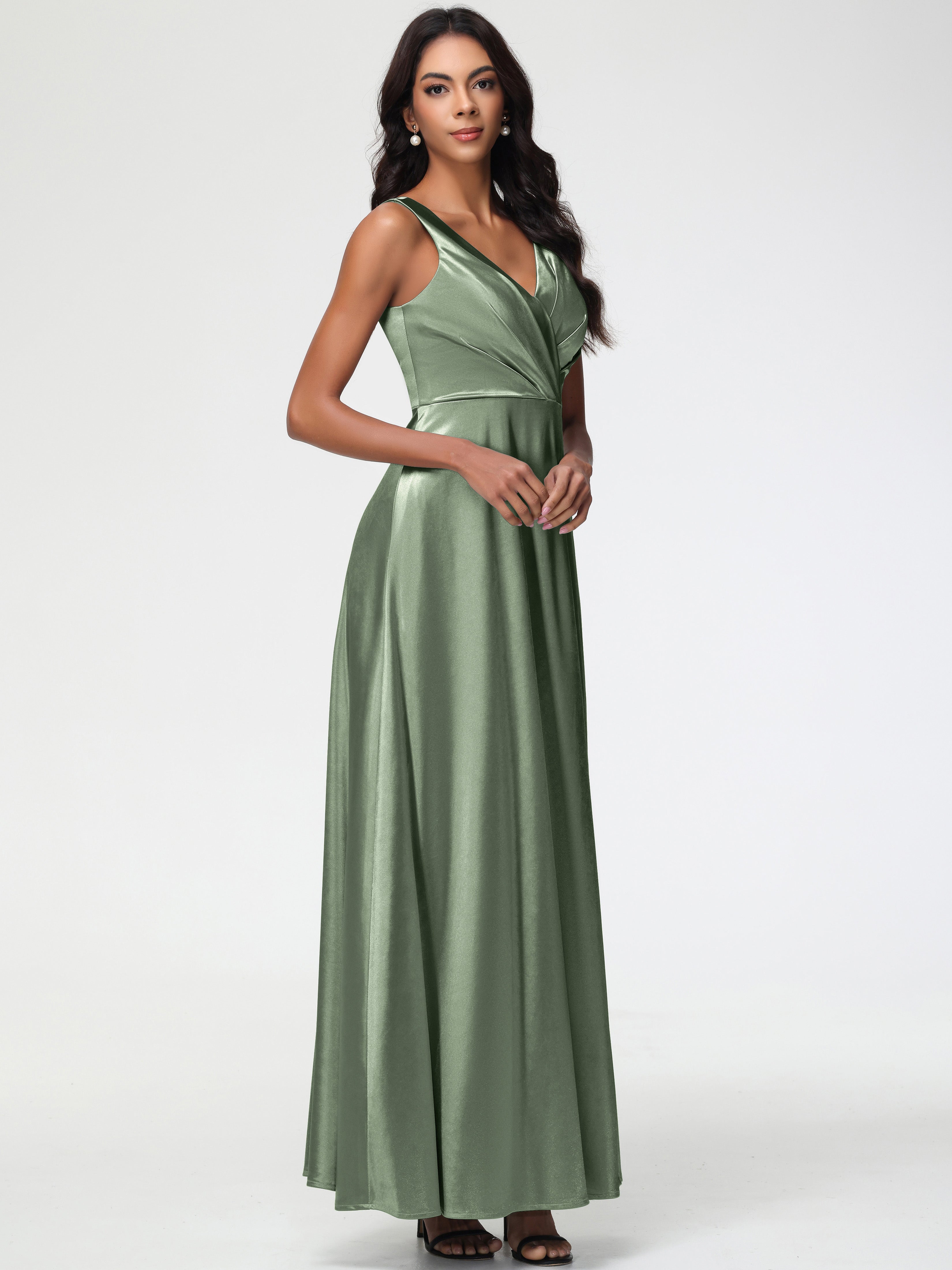 Robes De Demoiselle D'Honneur Couleur Sauge Poussiéreuse Col V Bretelles épaisses Trapèze Satin Extensible Fendue