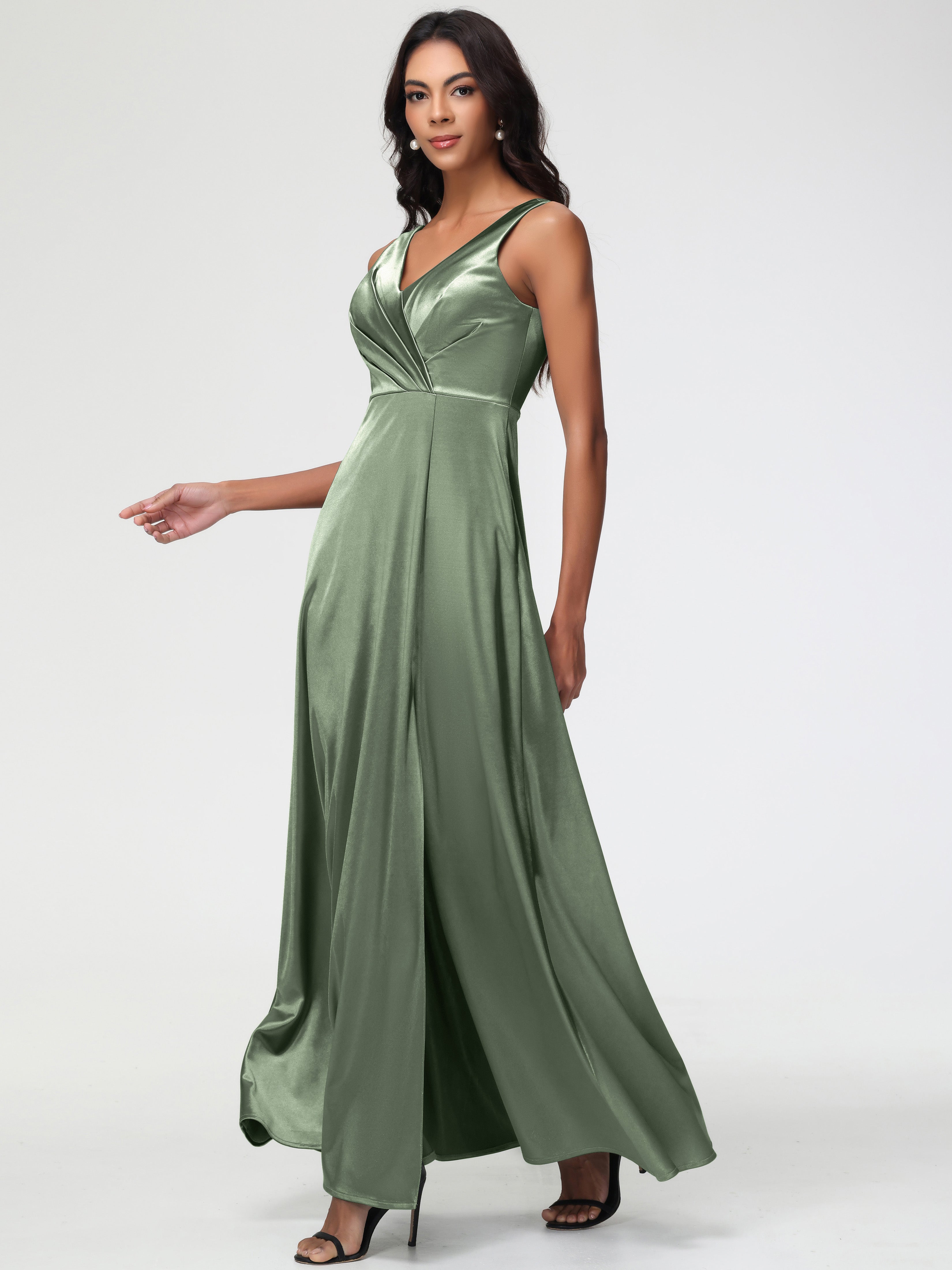 Robes De Demoiselle D'Honneur Couleur Sauge Poussiéreuse Col V Bretelles épaisses Trapèze Satin Extensible Fendue