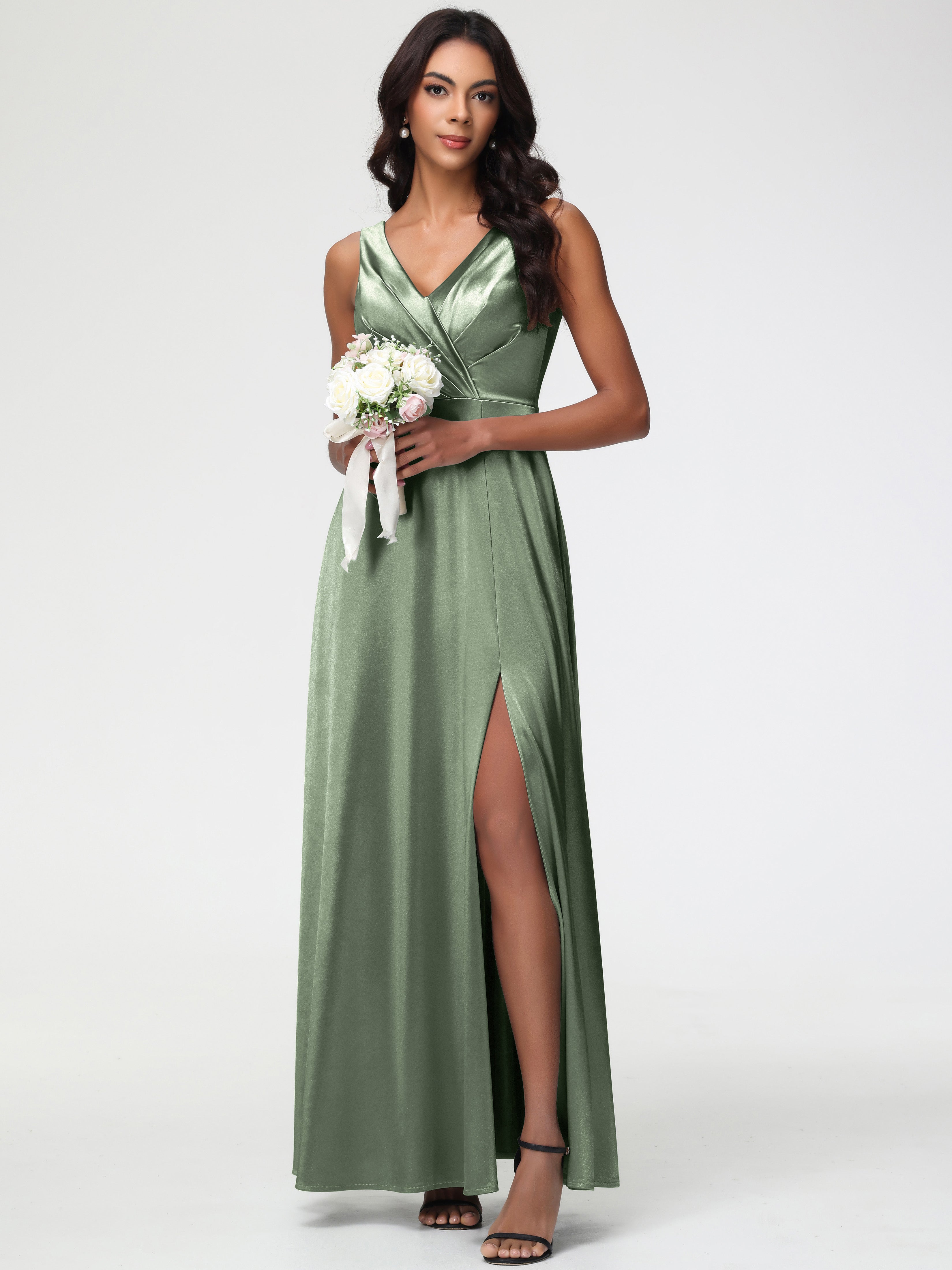 Robes De Demoiselle D'Honneur Couleur Sauge Poussiéreuse Col V Bretelles épaisses Trapèze Satin Extensible Fendue