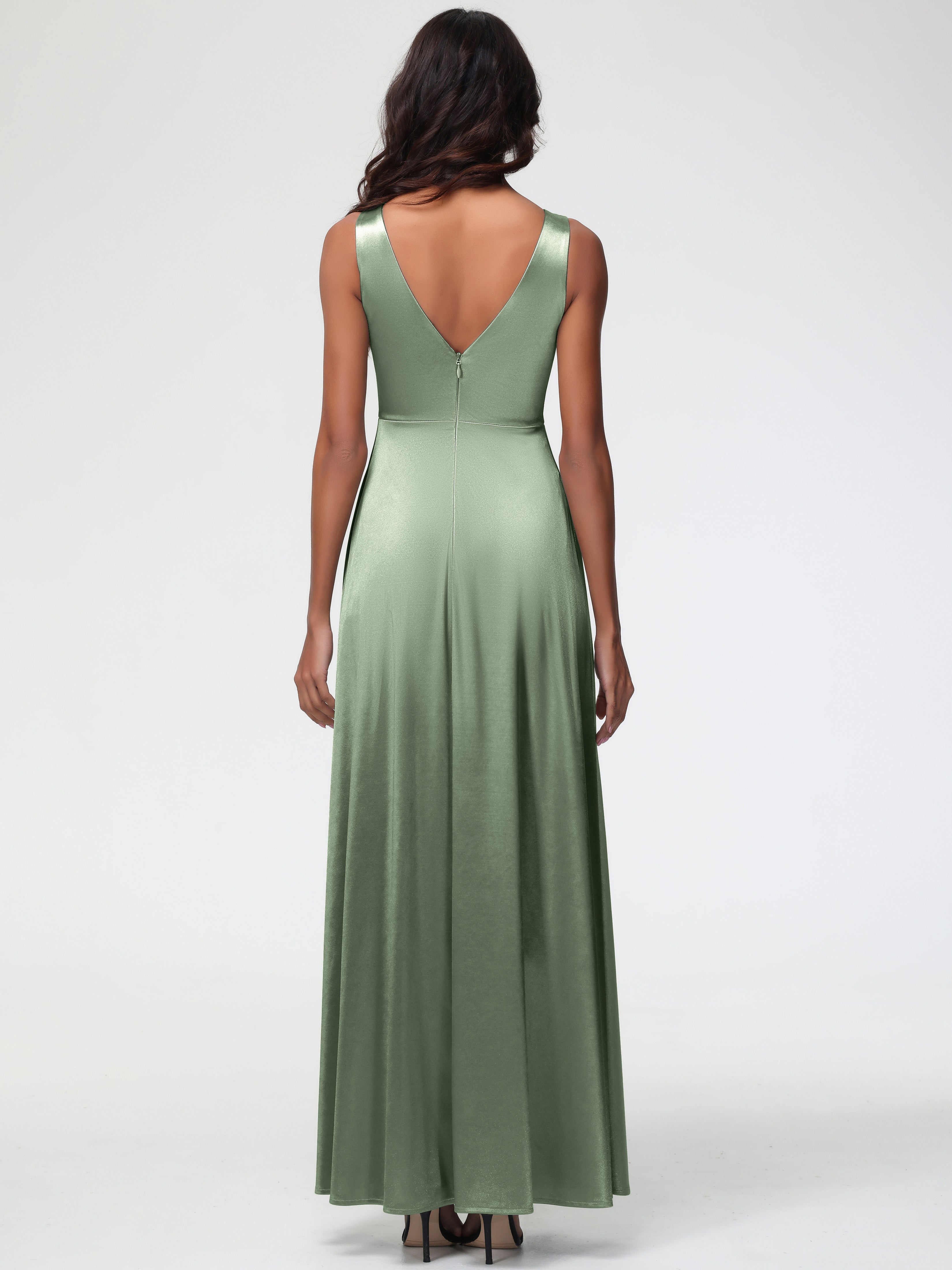 Robes De Demoiselle D'Honneur Couleur Sauge Poussiéreuse Col V Bretelles épaisses Trapèze Satin Extensible Fendue