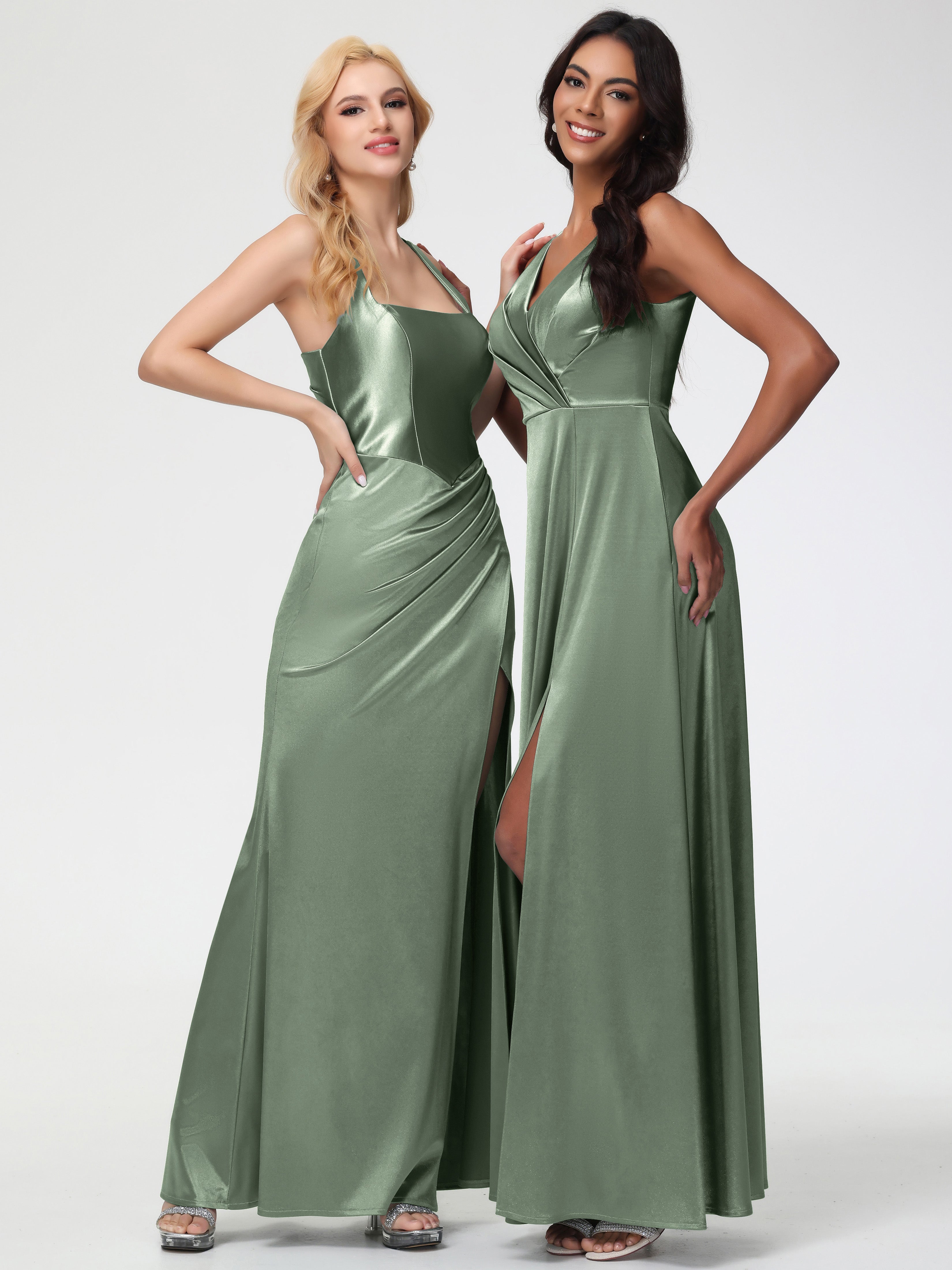 Robes De Demoiselle D'Honneur Couleur Sauge Poussiéreuse Col V Bretelles épaisses Trapèze Satin Extensible Fendue