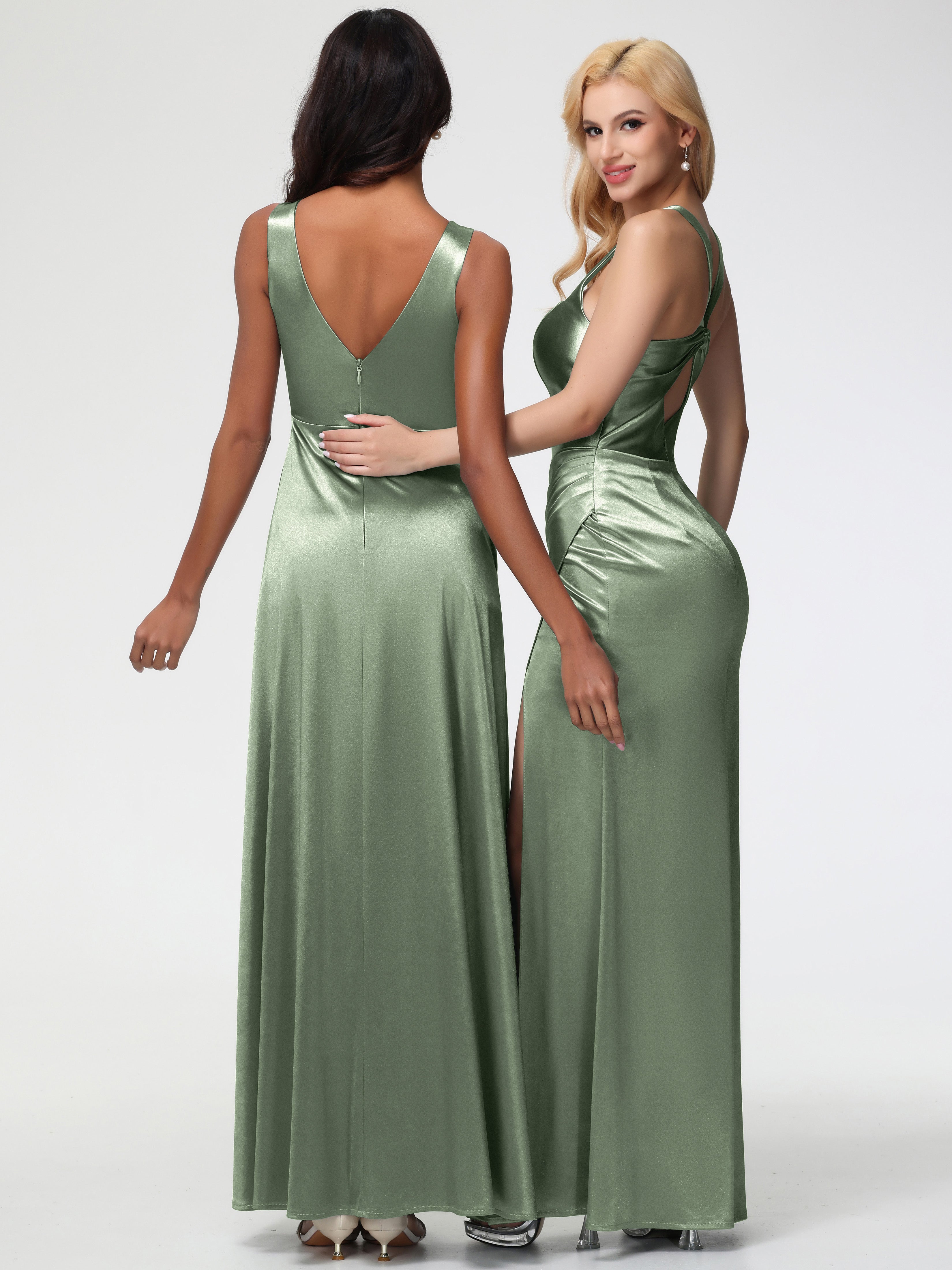 Robes De Demoiselle D'Honneur Couleur Sauge Poussiéreuse Col V Bretelles épaisses Trapèze Satin Extensible Fendue