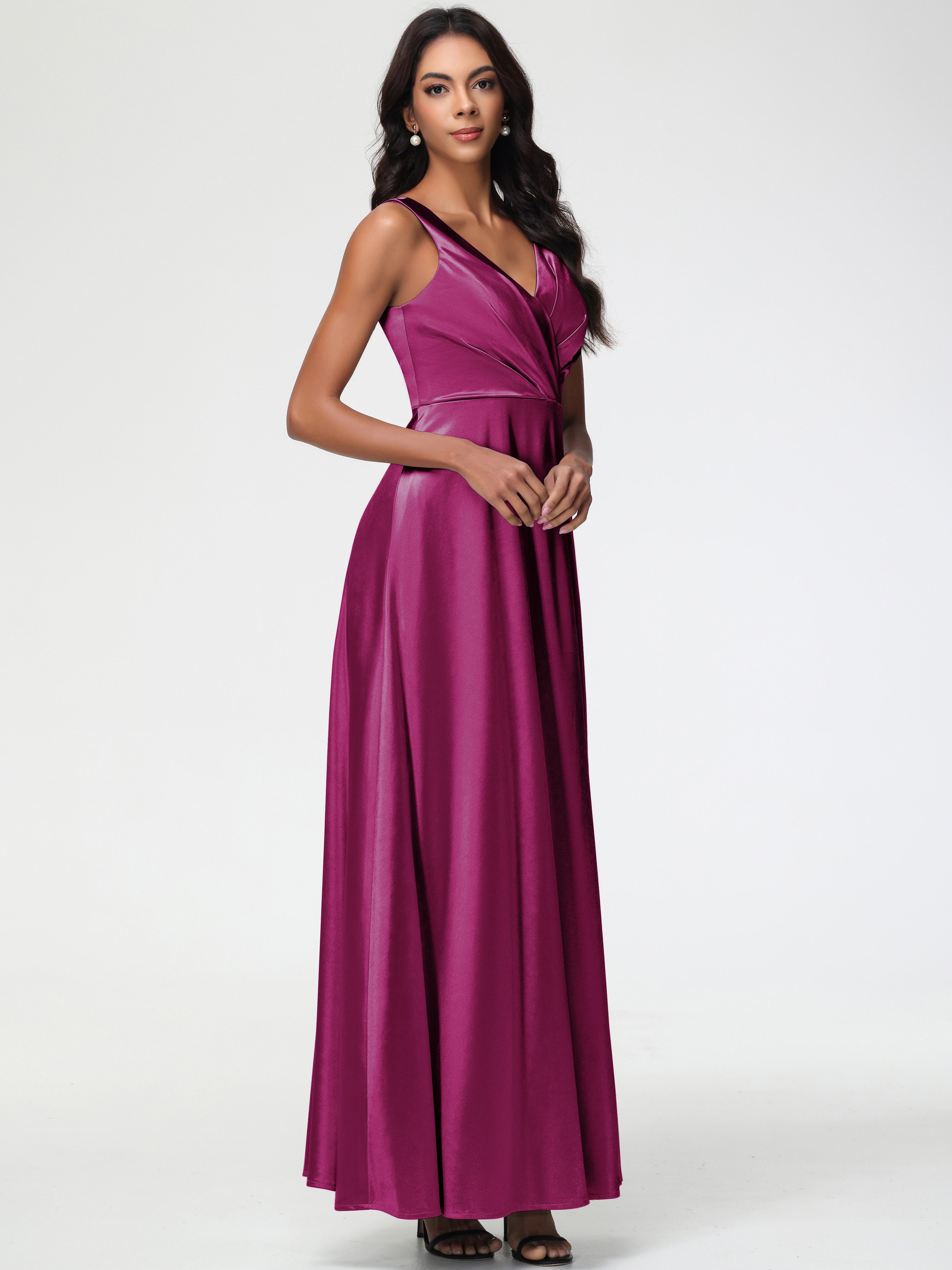 Robes De Demoiselle D'Honneur Rose Fuchsia Col V Bretelles épaisses Trapèze Satin Extensible Fendue Robe De Demoiselle D'Honneur