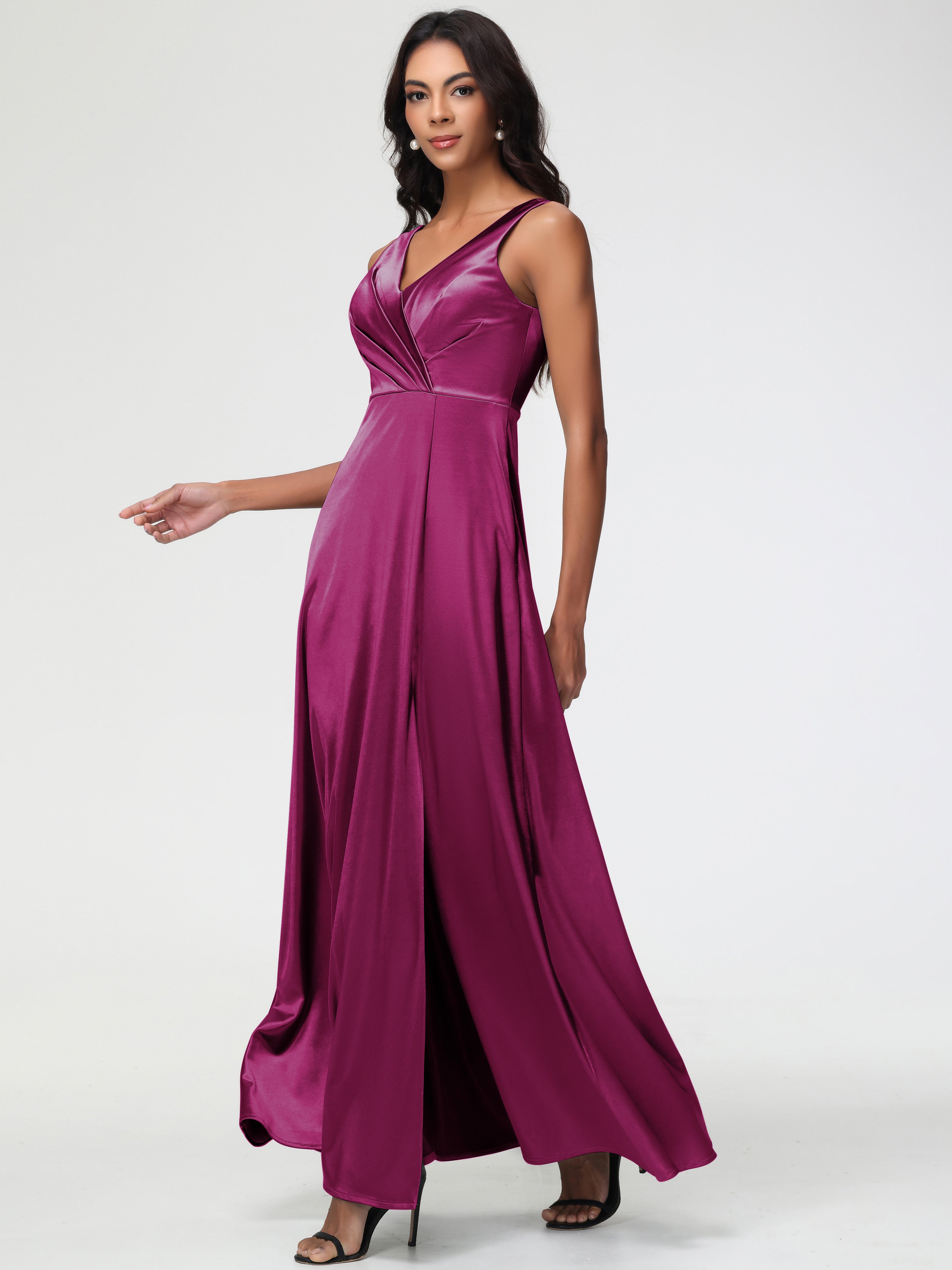 Robes De Demoiselle D'Honneur Rose Fuchsia Col V Bretelles épaisses Trapèze Satin Extensible Fendue Robe De Demoiselle D'Honneur