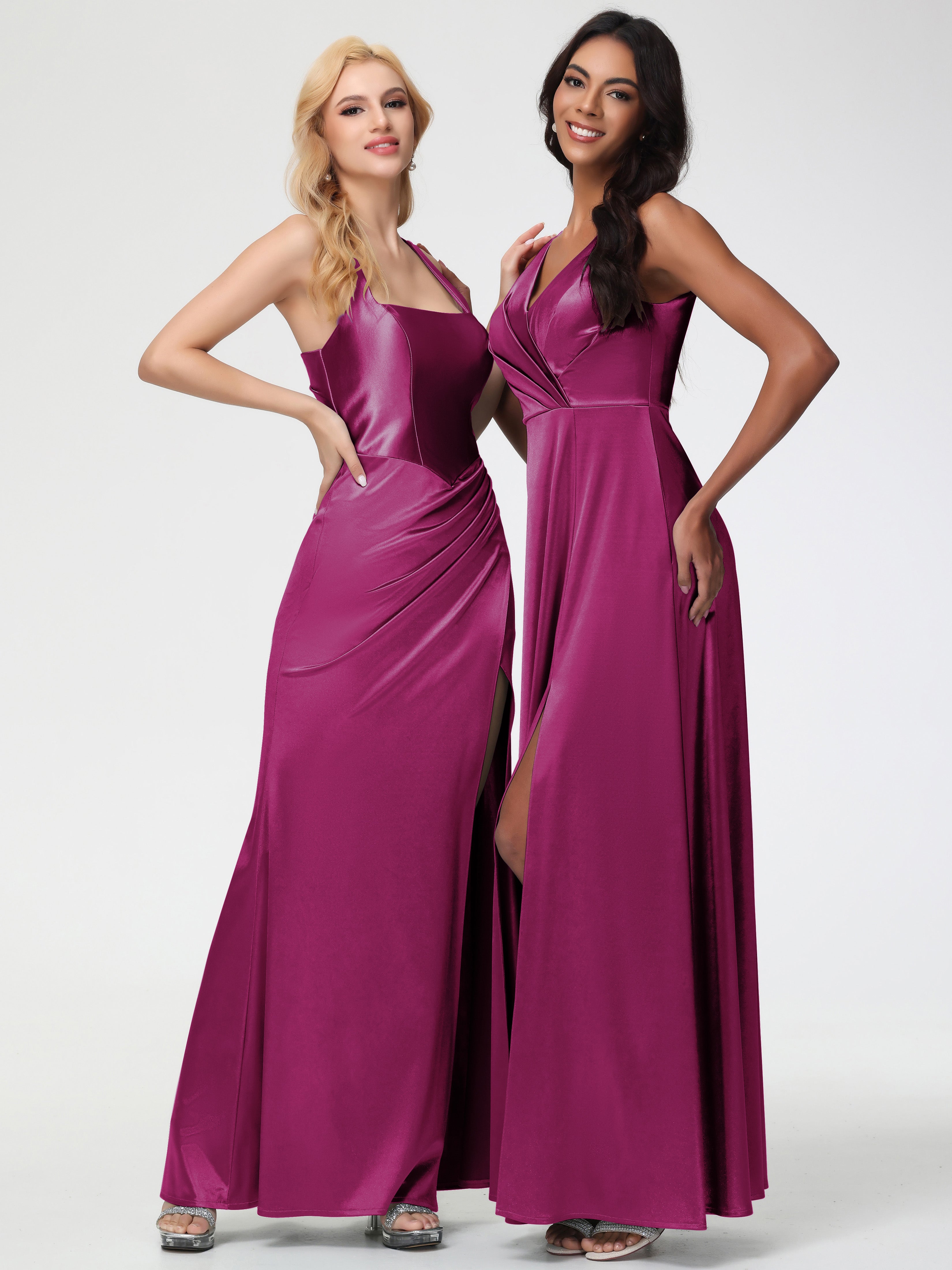 Robes De Demoiselle D'Honneur Rose Fuchsia Col V Bretelles épaisses Trapèze Satin Extensible Fendue Robe De Demoiselle D'Honneur