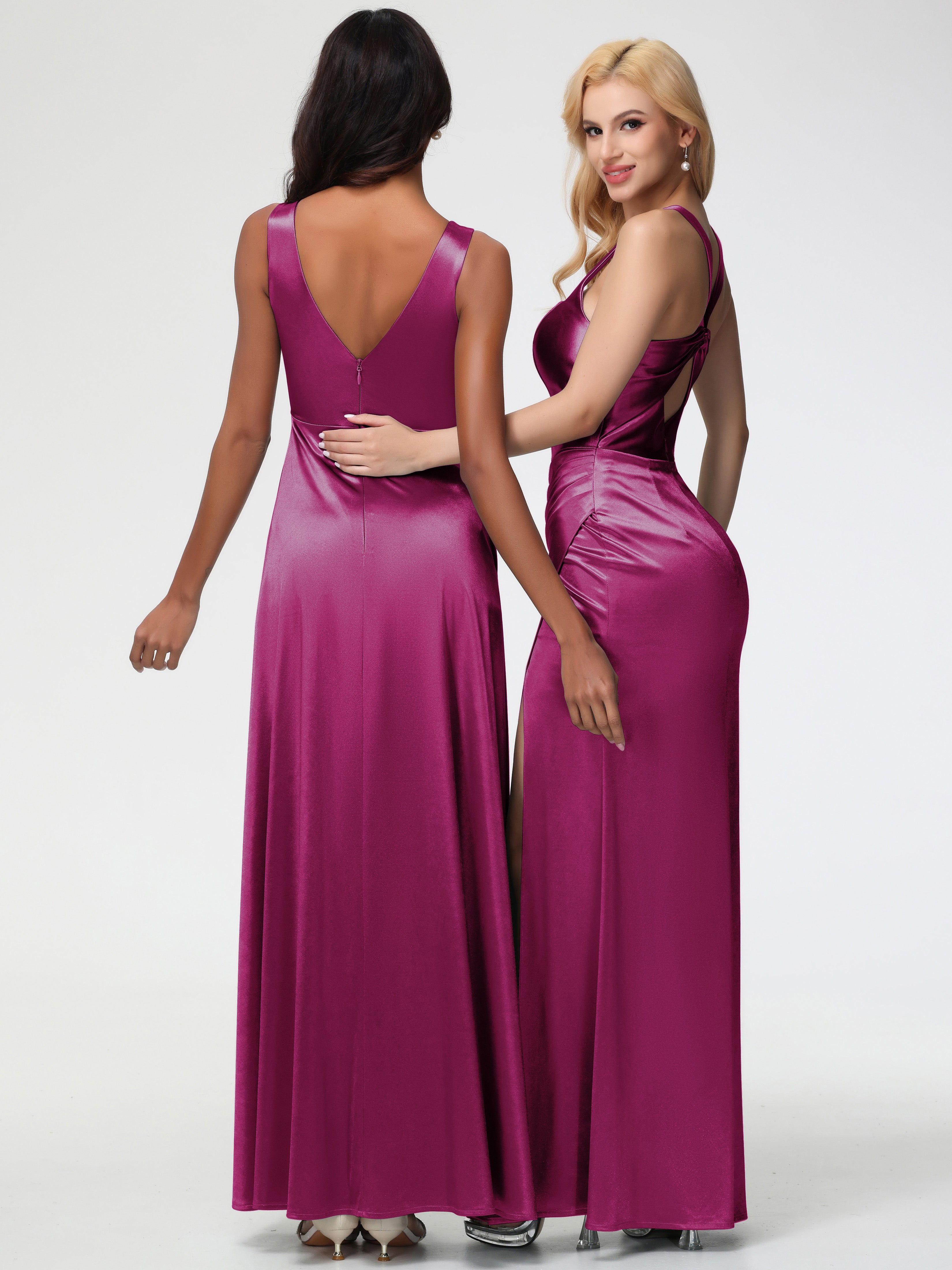 Robes De Demoiselle D'Honneur Rose Fuchsia Col V Bretelles épaisses Trapèze Satin Extensible Fendue Robe De Demoiselle D'Honneur