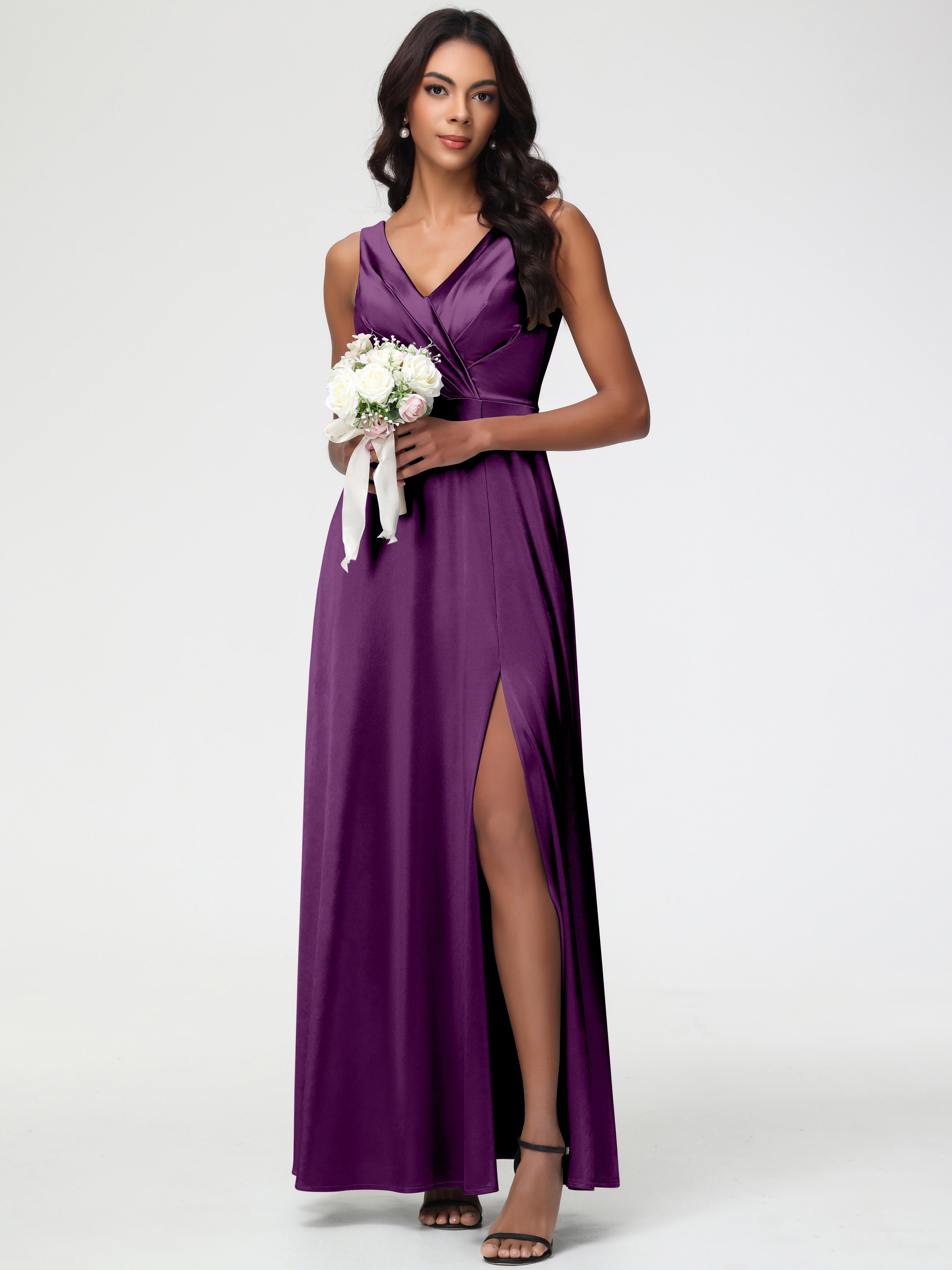 Robes De Demoiselle D'Honneur Raisin Col V Bretelles épaisses Trapèze Satin Extensible Fendue Robe De Demoiselle D'Honneur