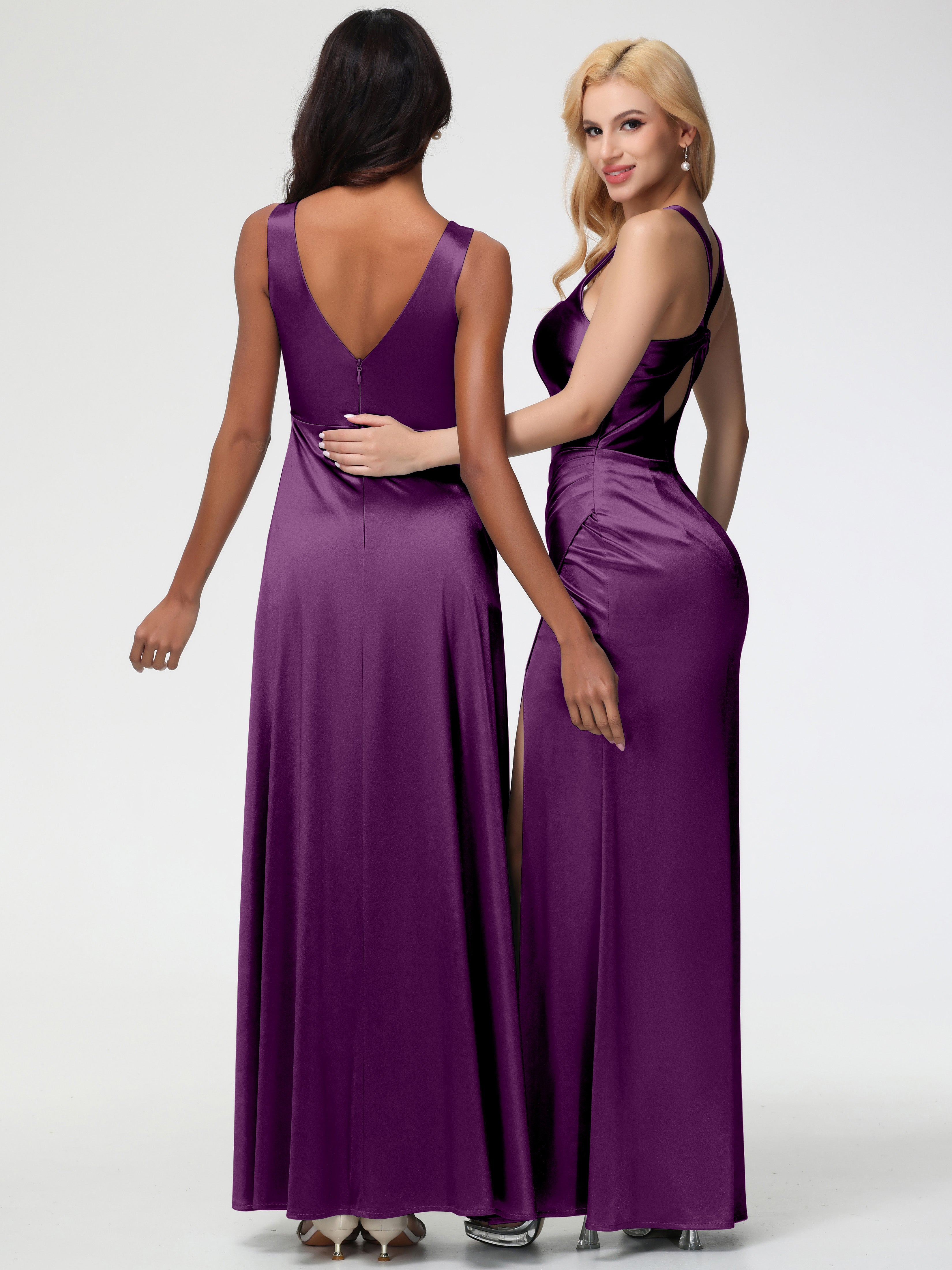 Robes De Demoiselle D'Honneur Raisin Col V Bretelles épaisses Trapèze Satin Extensible Fendue Robe De Demoiselle D'Honneur