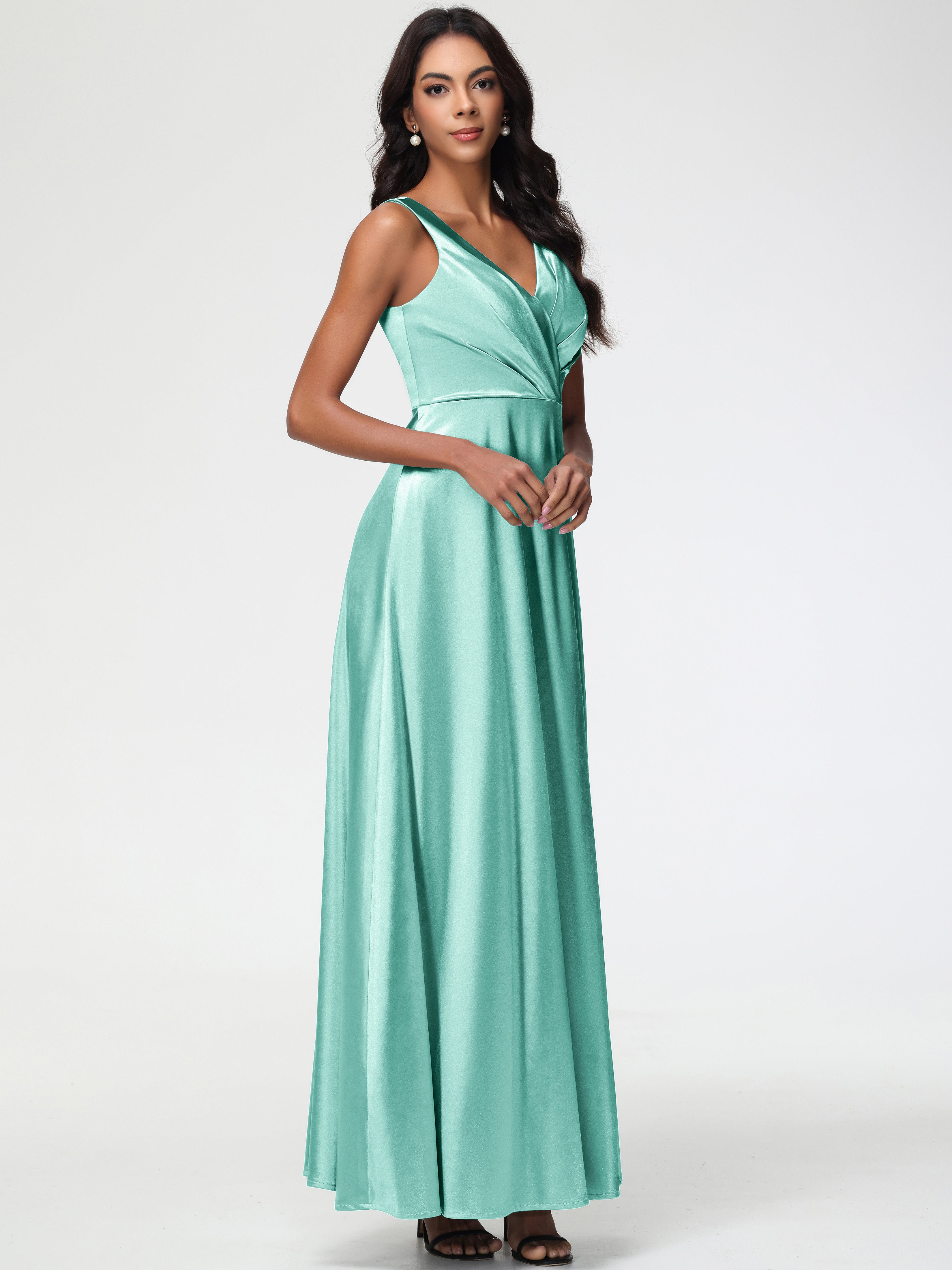 Robe Demoiselle D Honneur Vert Menthe Col V Bretelles épaisses Trapèze Satin Extensible Fendue