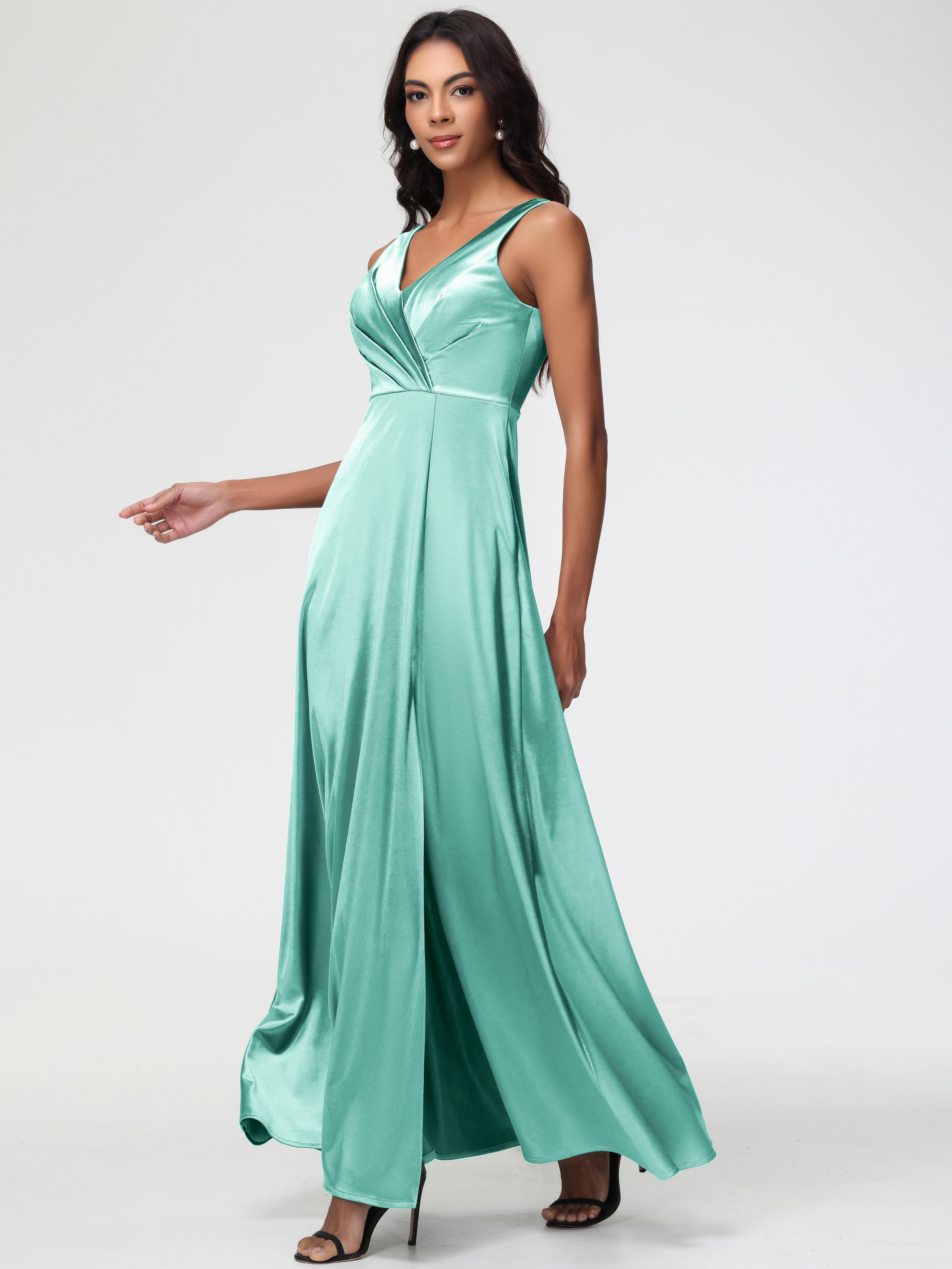 Robe Demoiselle D Honneur Vert Menthe Col V Bretelles épaisses Trapèze Satin Extensible Fendue