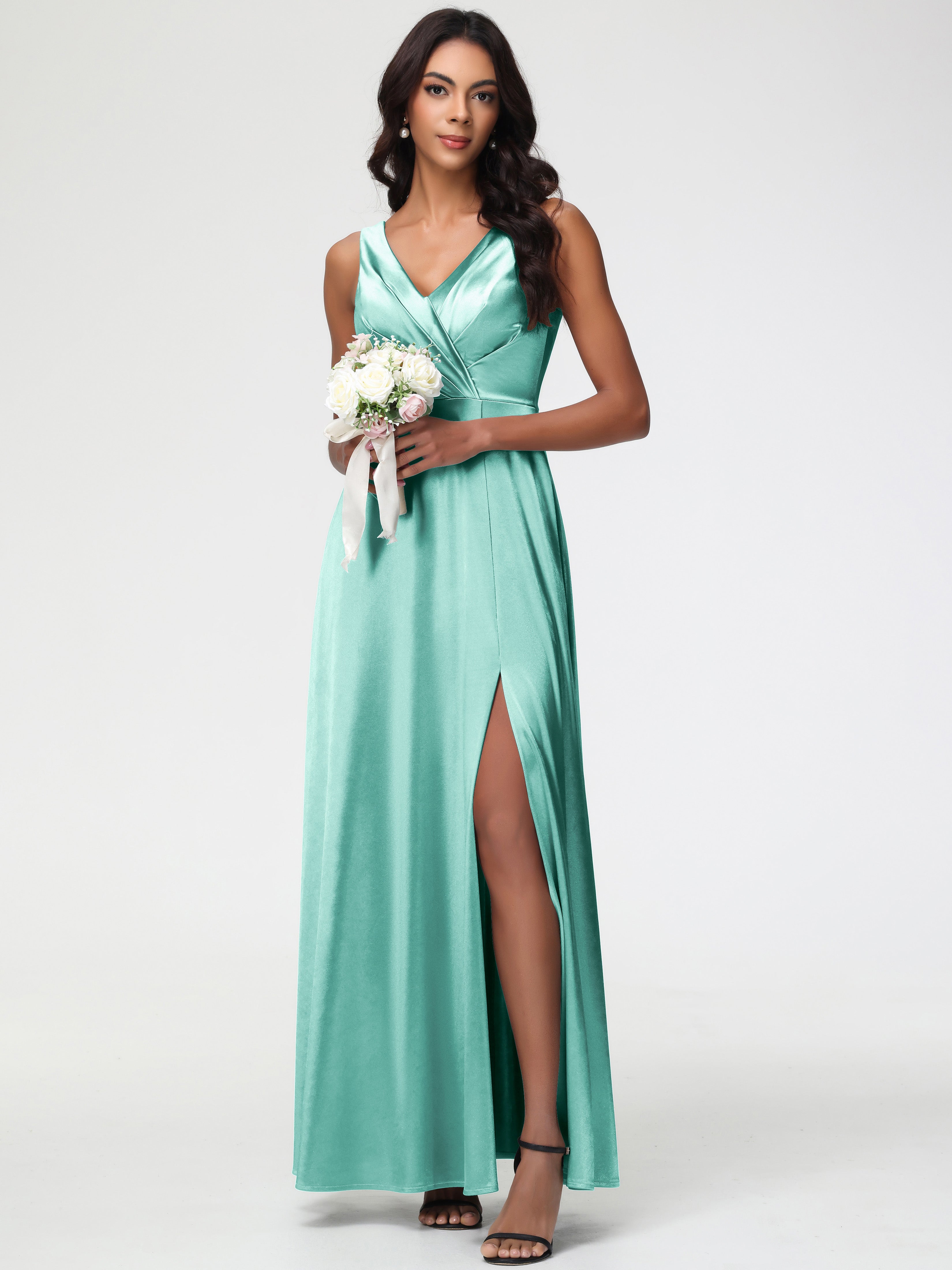 Robe Demoiselle D Honneur Vert Menthe Col V Bretelles épaisses Trapèze Satin Extensible Fendue