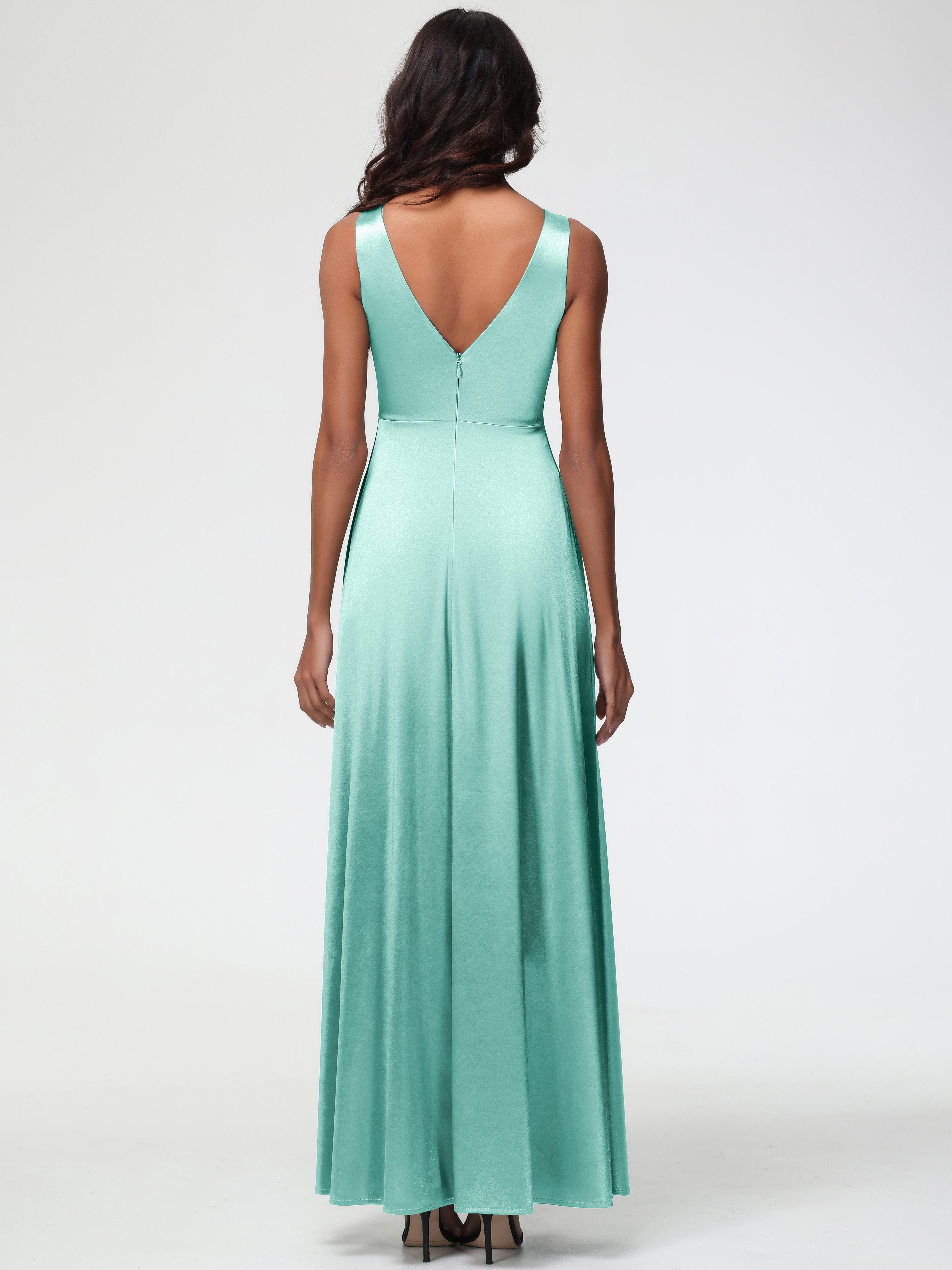 Robe Demoiselle D Honneur Vert Menthe Col V Bretelles épaisses Trapèze Satin Extensible Fendue