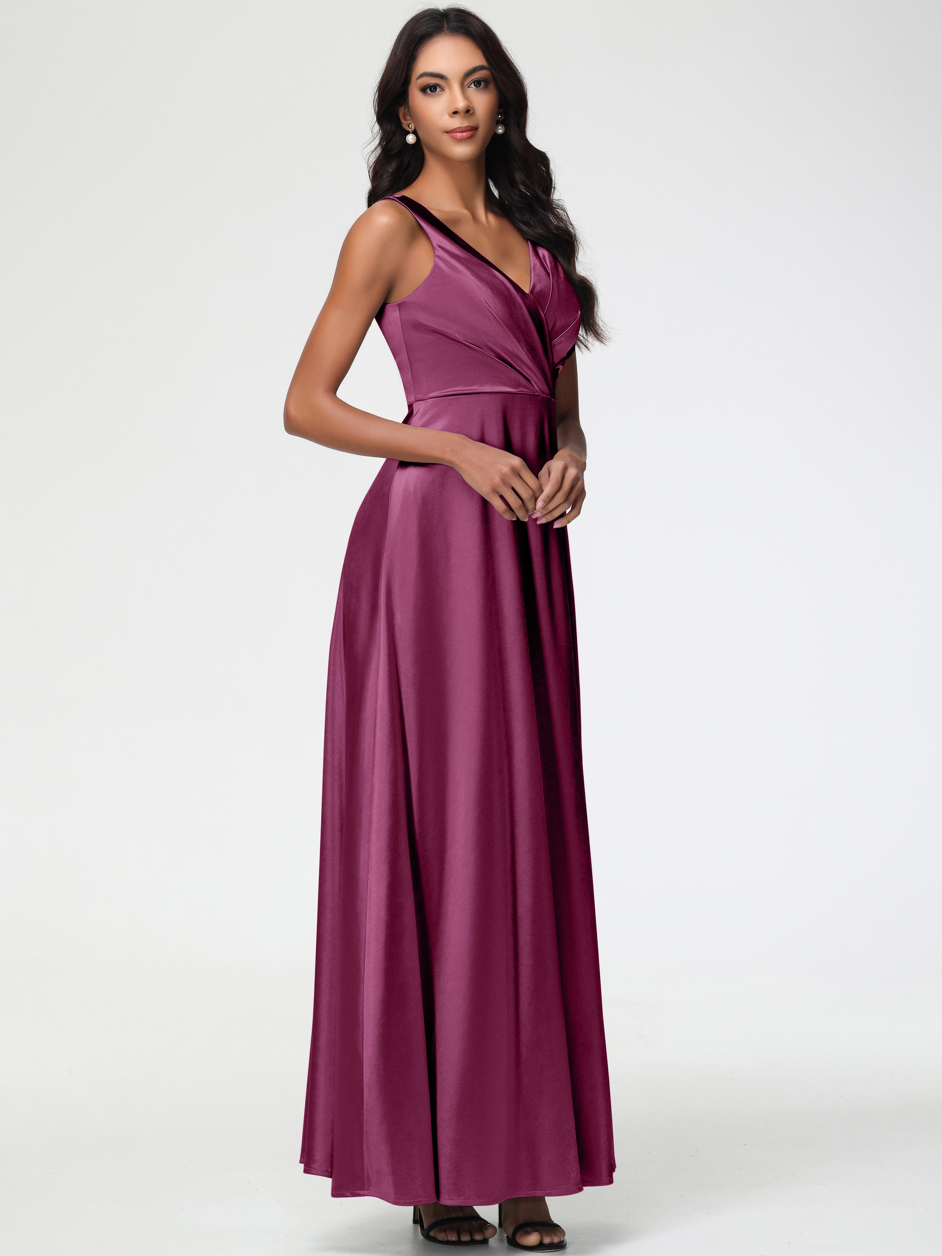 Robes De Demoiselle D'Honneur Mure Col V Bretelles épaisses Trapèze Satin Extensible Fendue Robe De Demoiselle D'Honneur