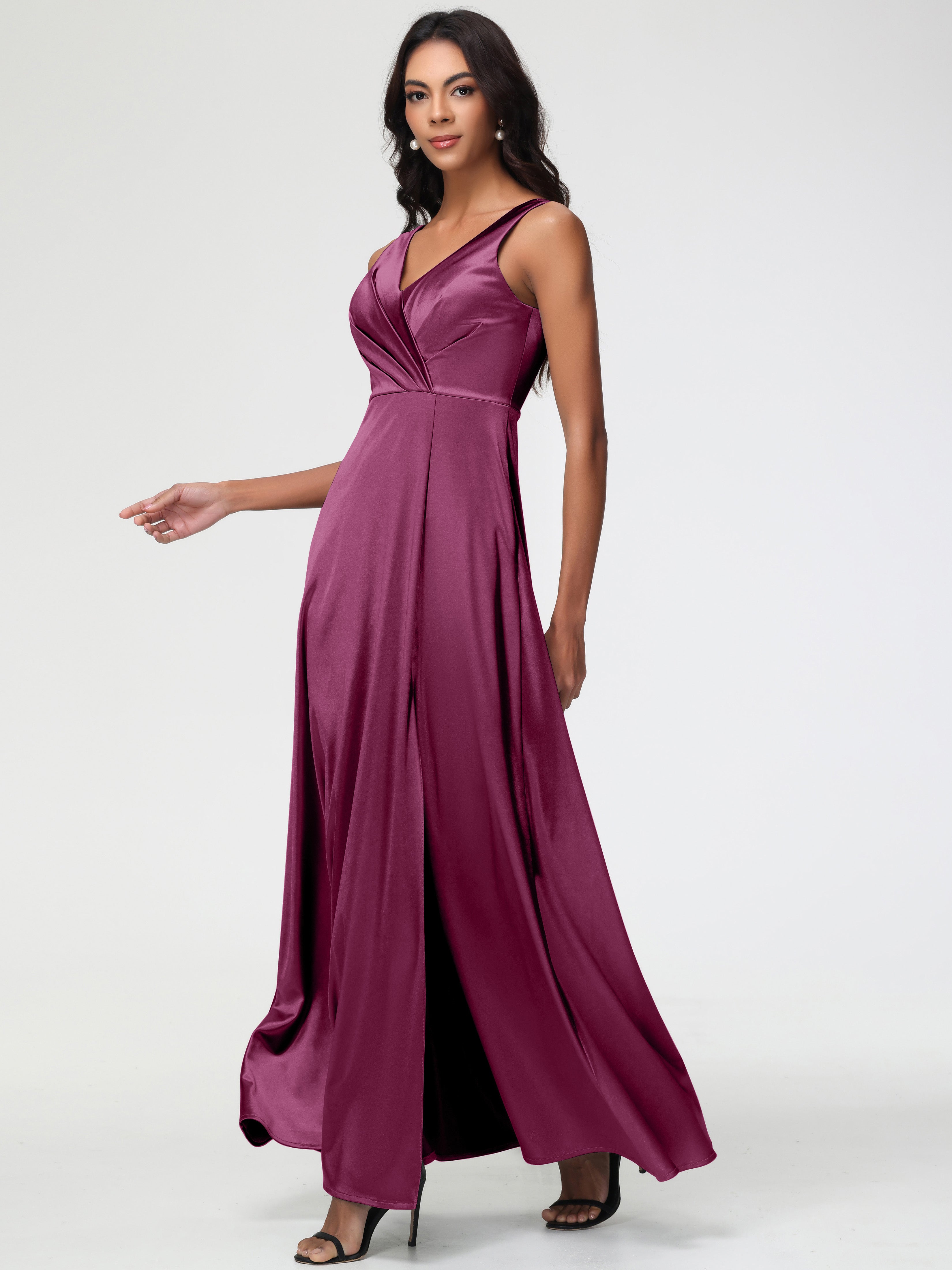 Robes De Demoiselle D'Honneur Mure Col V Bretelles épaisses Trapèze Satin Extensible Fendue Robe De Demoiselle D'Honneur