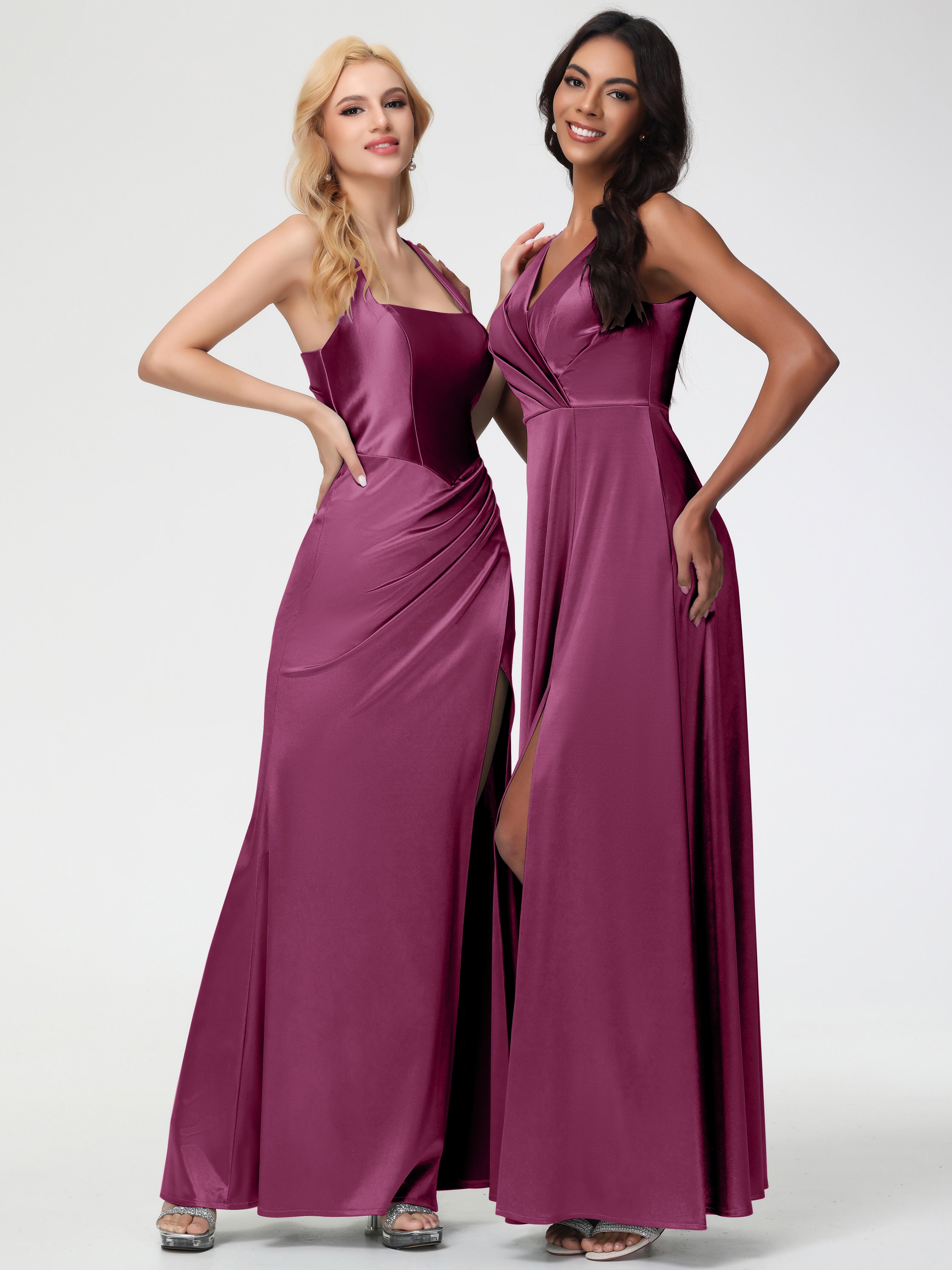 Robes De Demoiselle D'Honneur Mure Col V Bretelles épaisses Trapèze Satin Extensible Fendue Robe De Demoiselle D'Honneur
