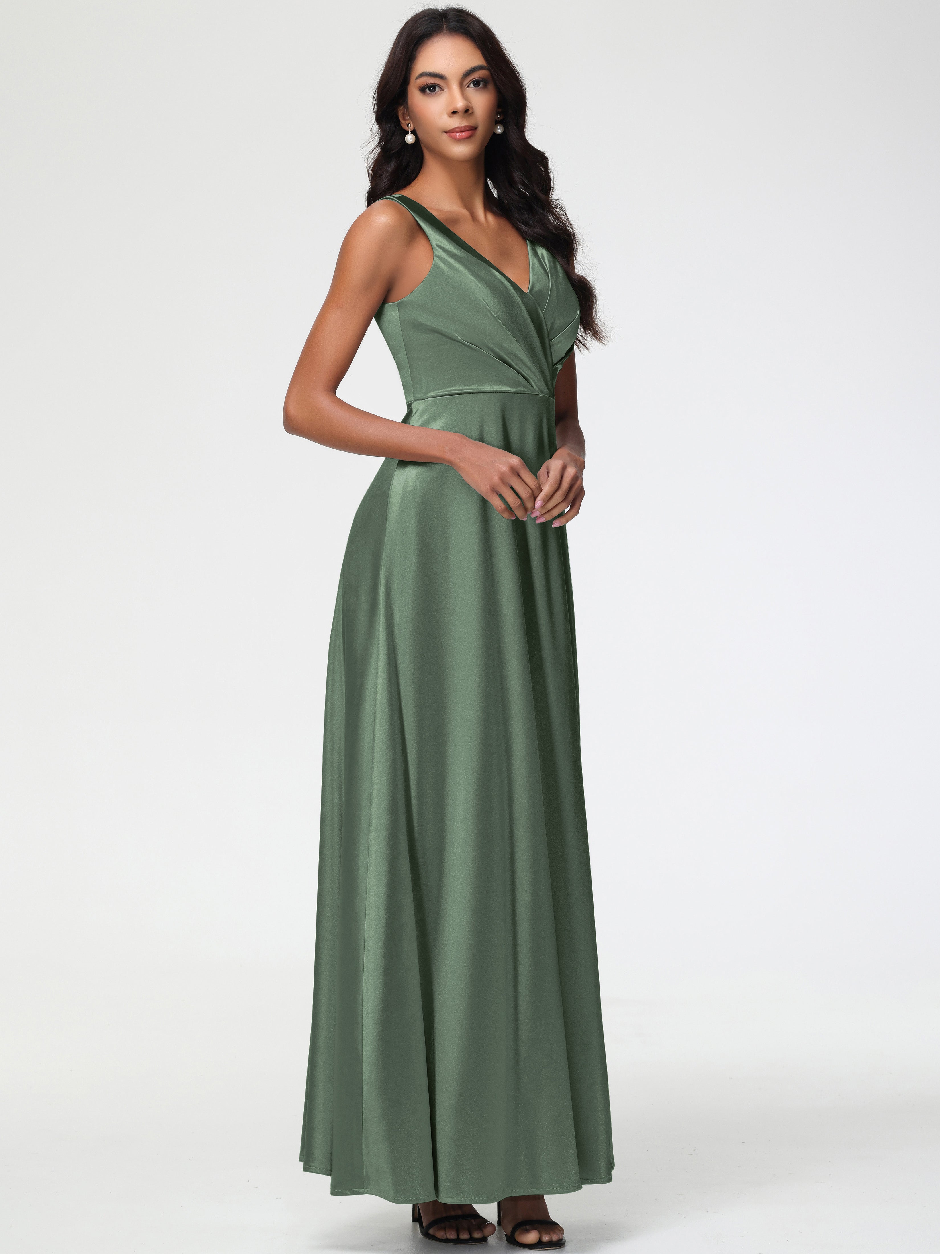 Demoiselle D Honneur Vert Olive Col V Bretelles épaisses Trapèze Satin Extensible Fendue