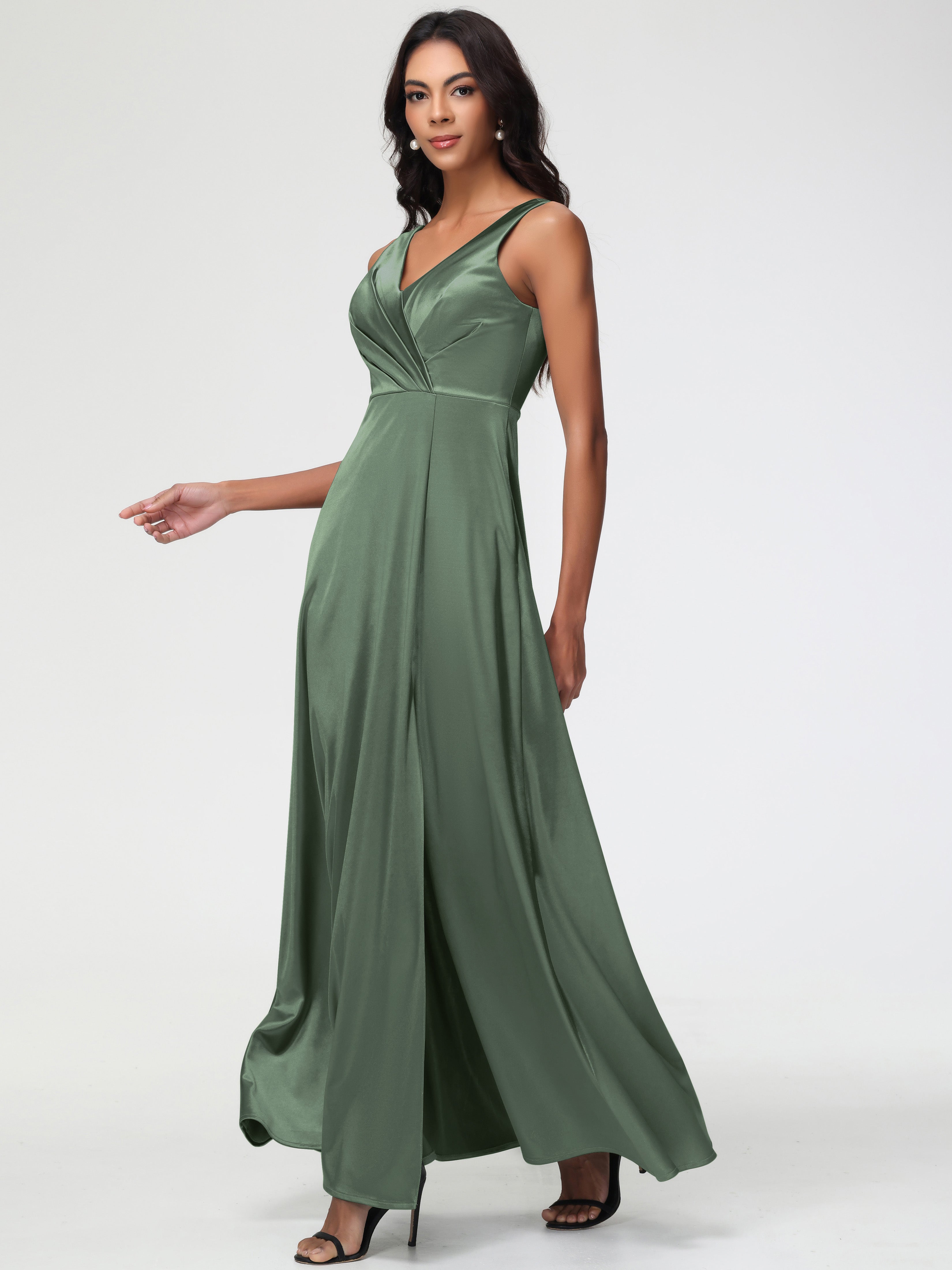 Demoiselle D Honneur Vert Olive Col V Bretelles épaisses Trapèze Satin Extensible Fendue