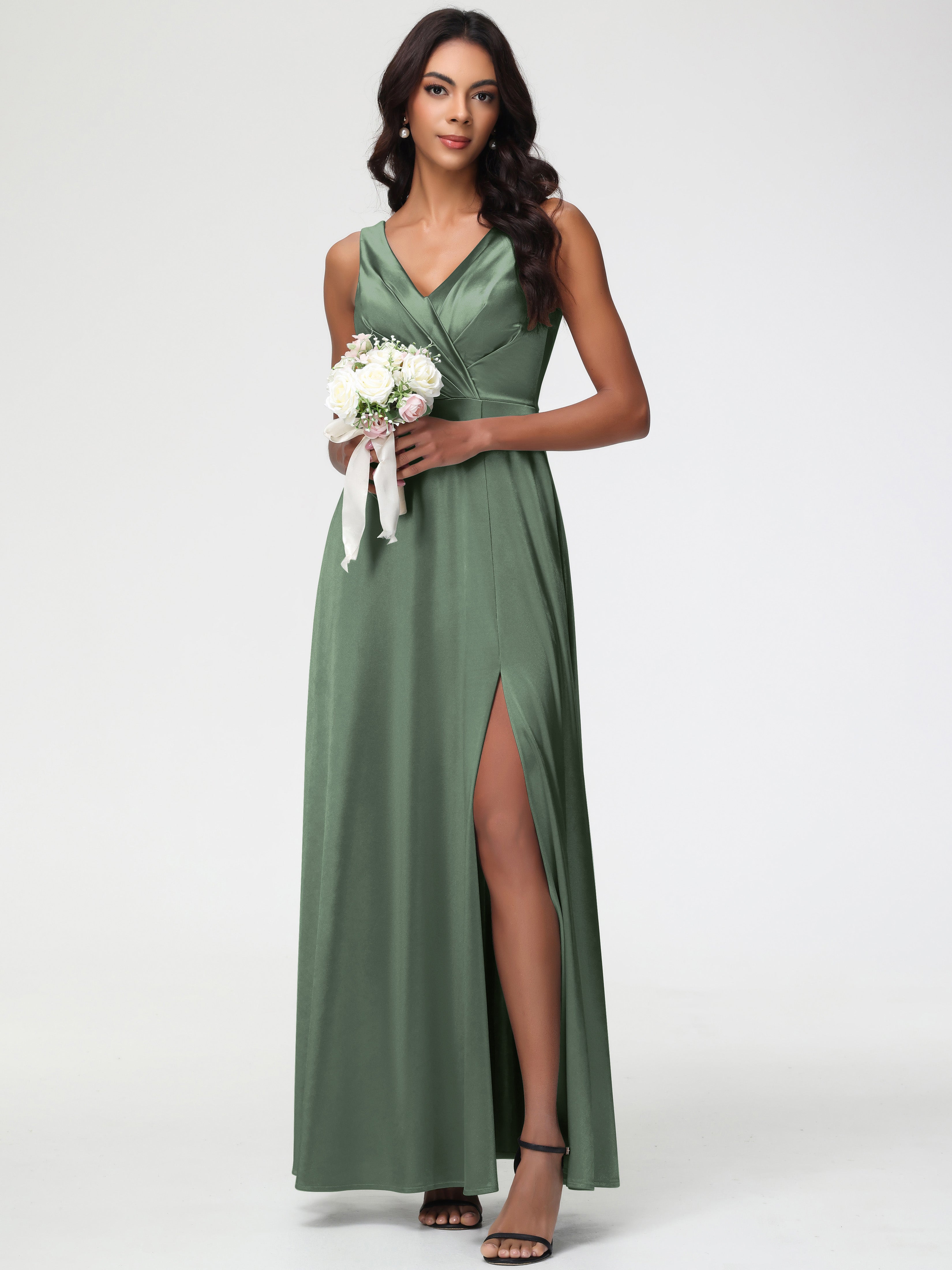 Demoiselle D Honneur Vert Olive Col V Bretelles épaisses Trapèze Satin Extensible Fendue