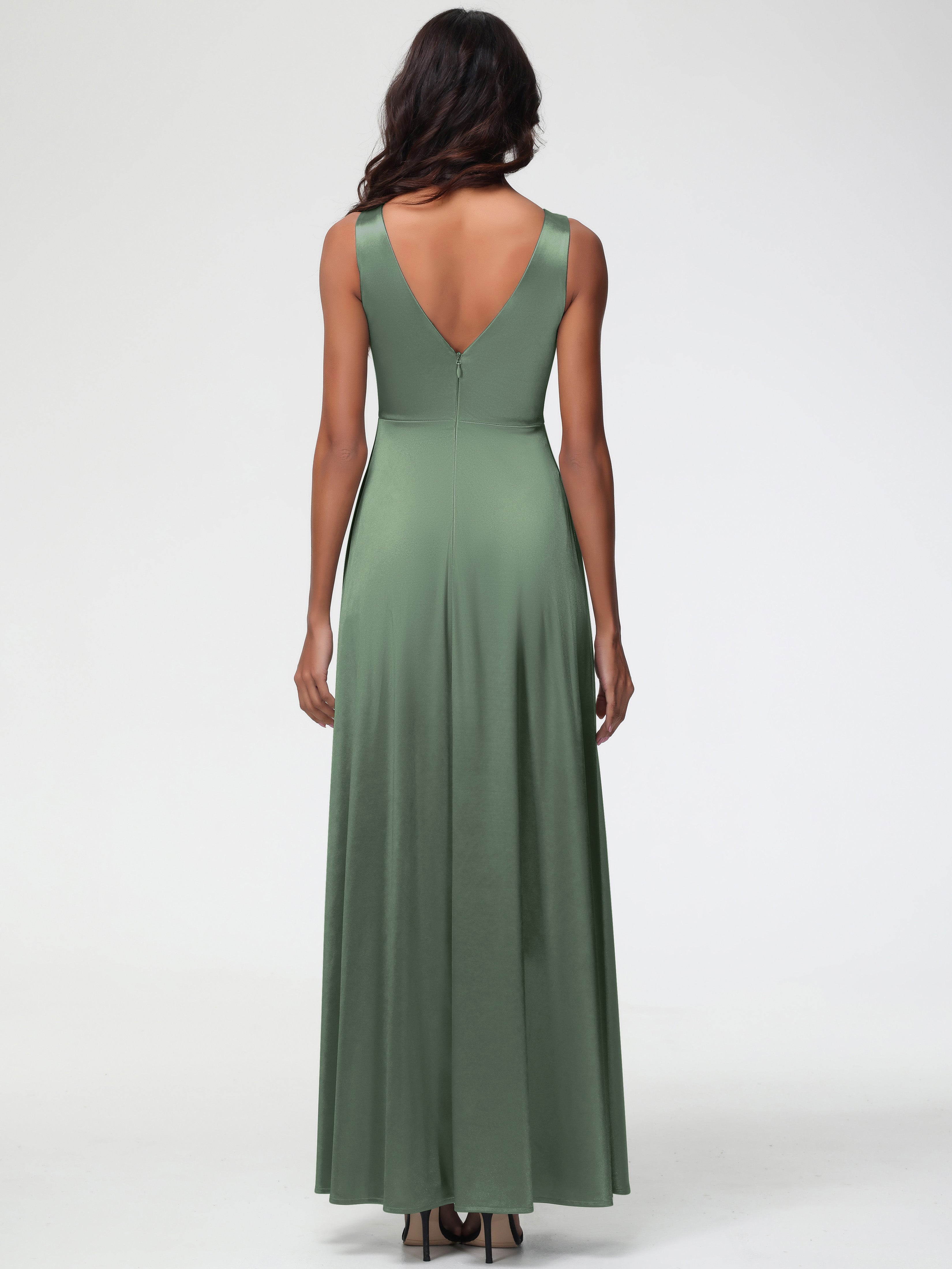 Demoiselle D Honneur Vert Olive Col V Bretelles épaisses Trapèze Satin Extensible Fendue