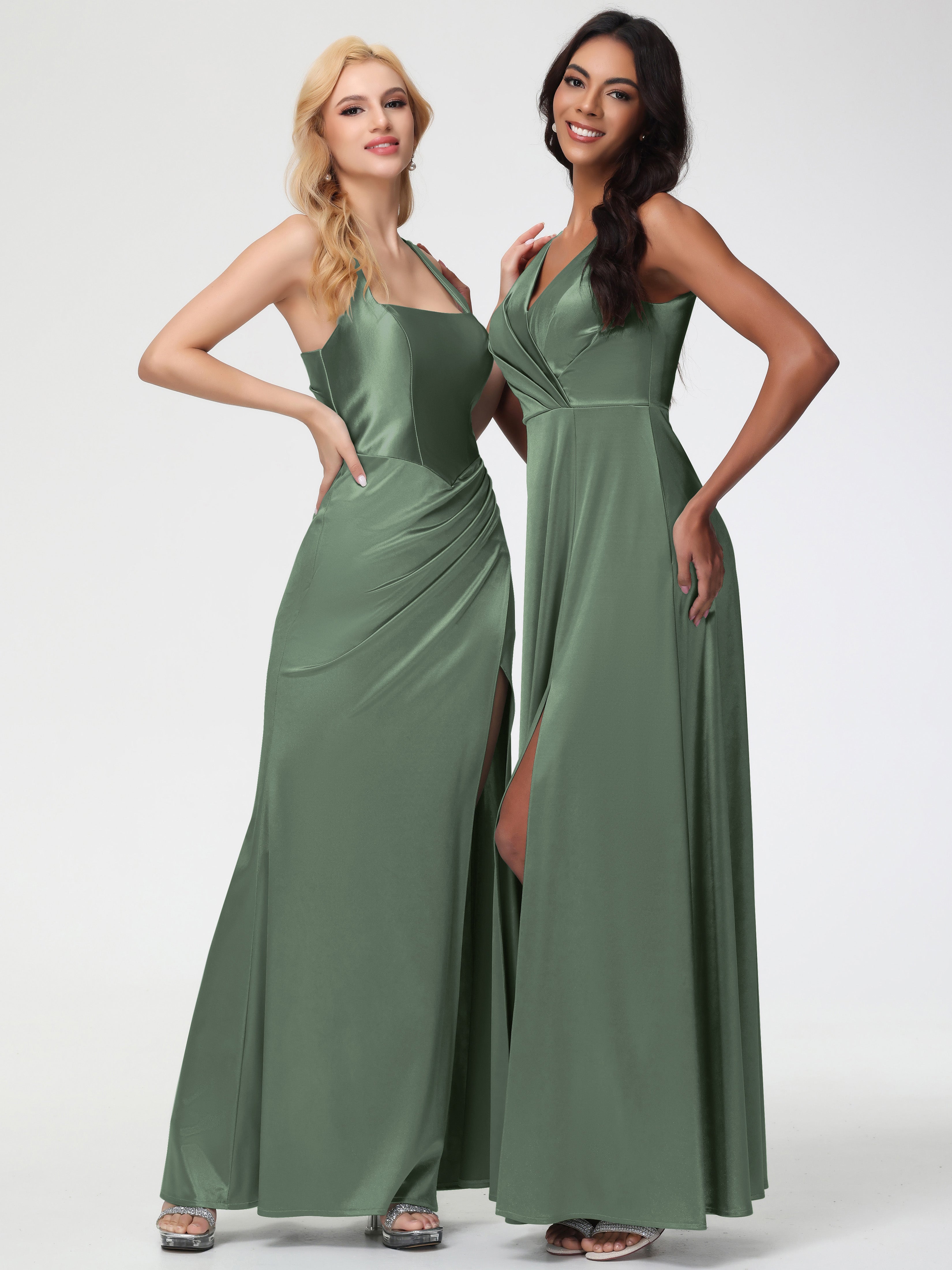 Demoiselle D Honneur Vert Olive Col V Bretelles épaisses Trapèze Satin Extensible Fendue