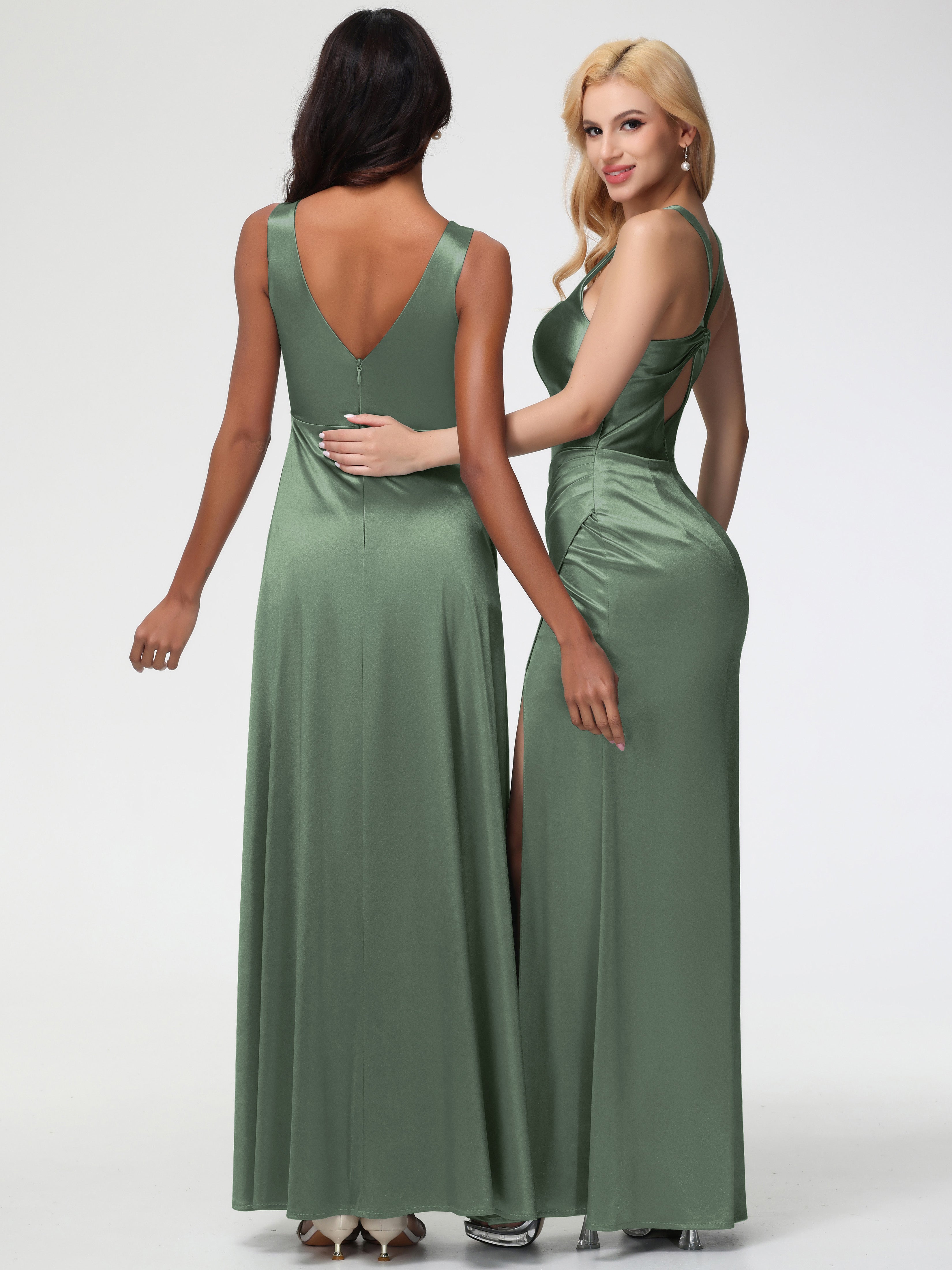 Demoiselle D Honneur Vert Olive Col V Bretelles épaisses Trapèze Satin Extensible Fendue