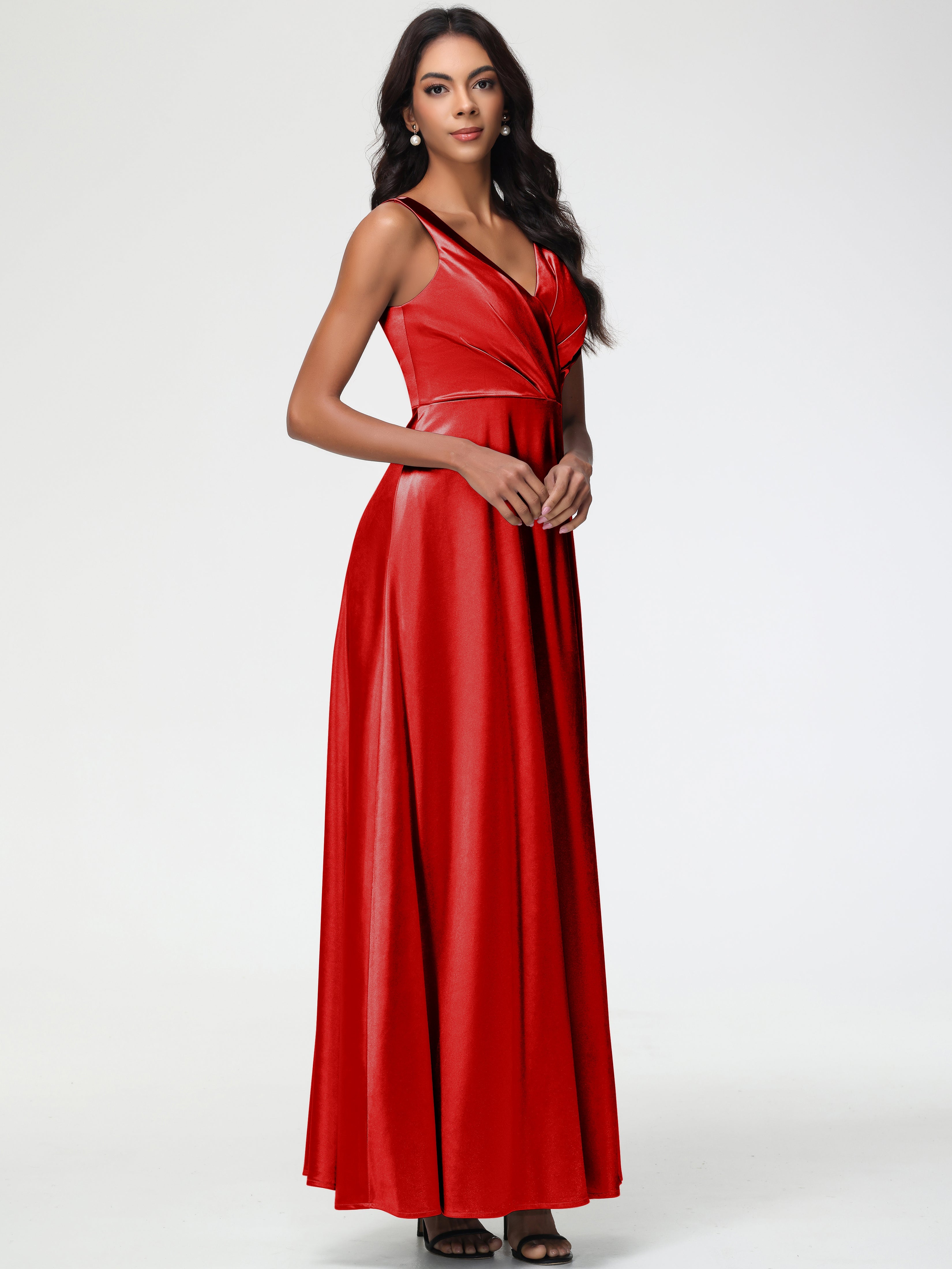 Robe De Demoiselle D Honneur Rouge Pas Cher Col V Bretelles épaisses Trapèze Satin Extensible Fendue Robe De Demoiselle D'Honneur