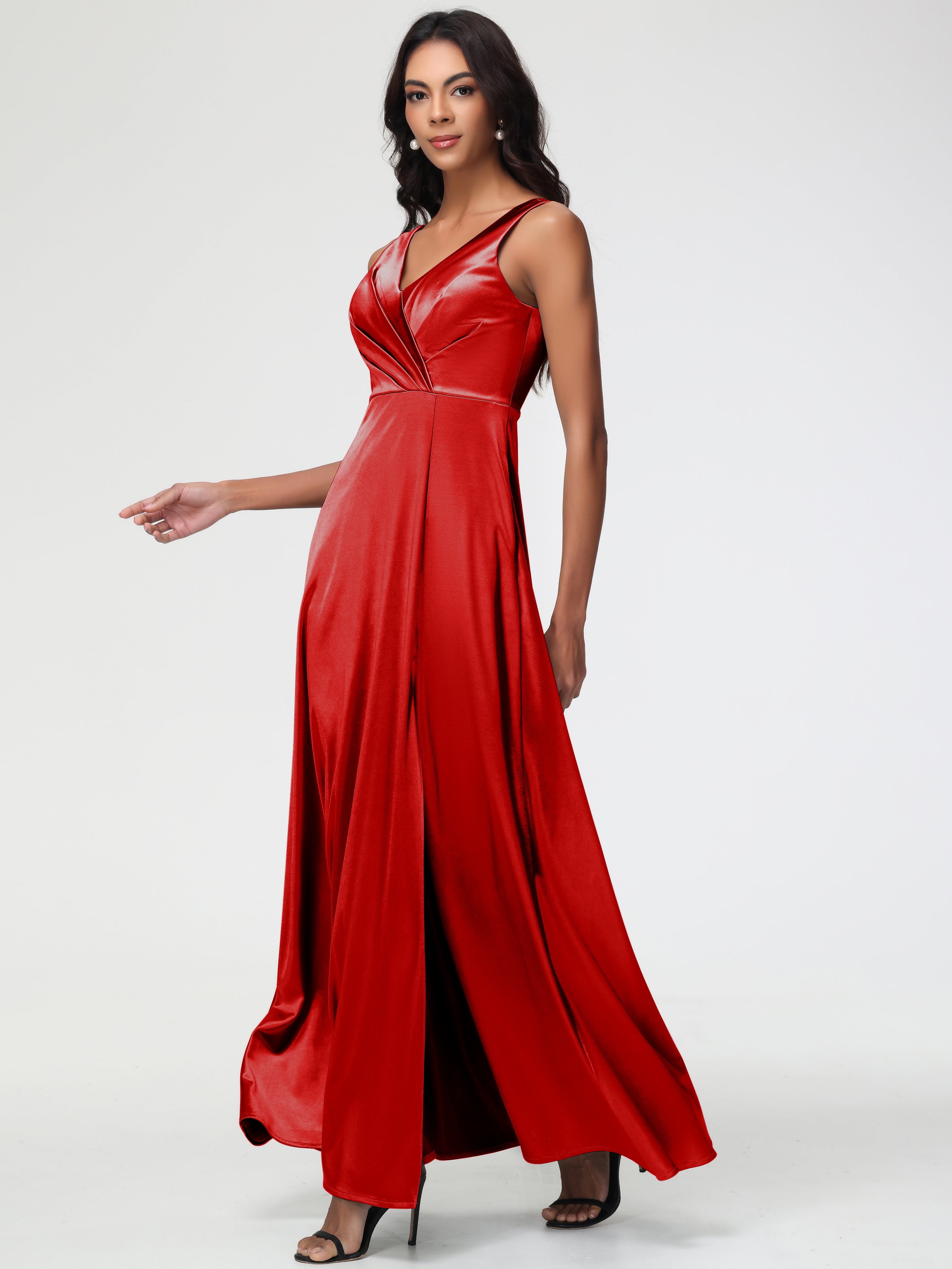 Robe De Demoiselle D Honneur Rouge Pas Cher Col V Bretelles épaisses Trapèze Satin Extensible Fendue Robe De Demoiselle D'Honneur