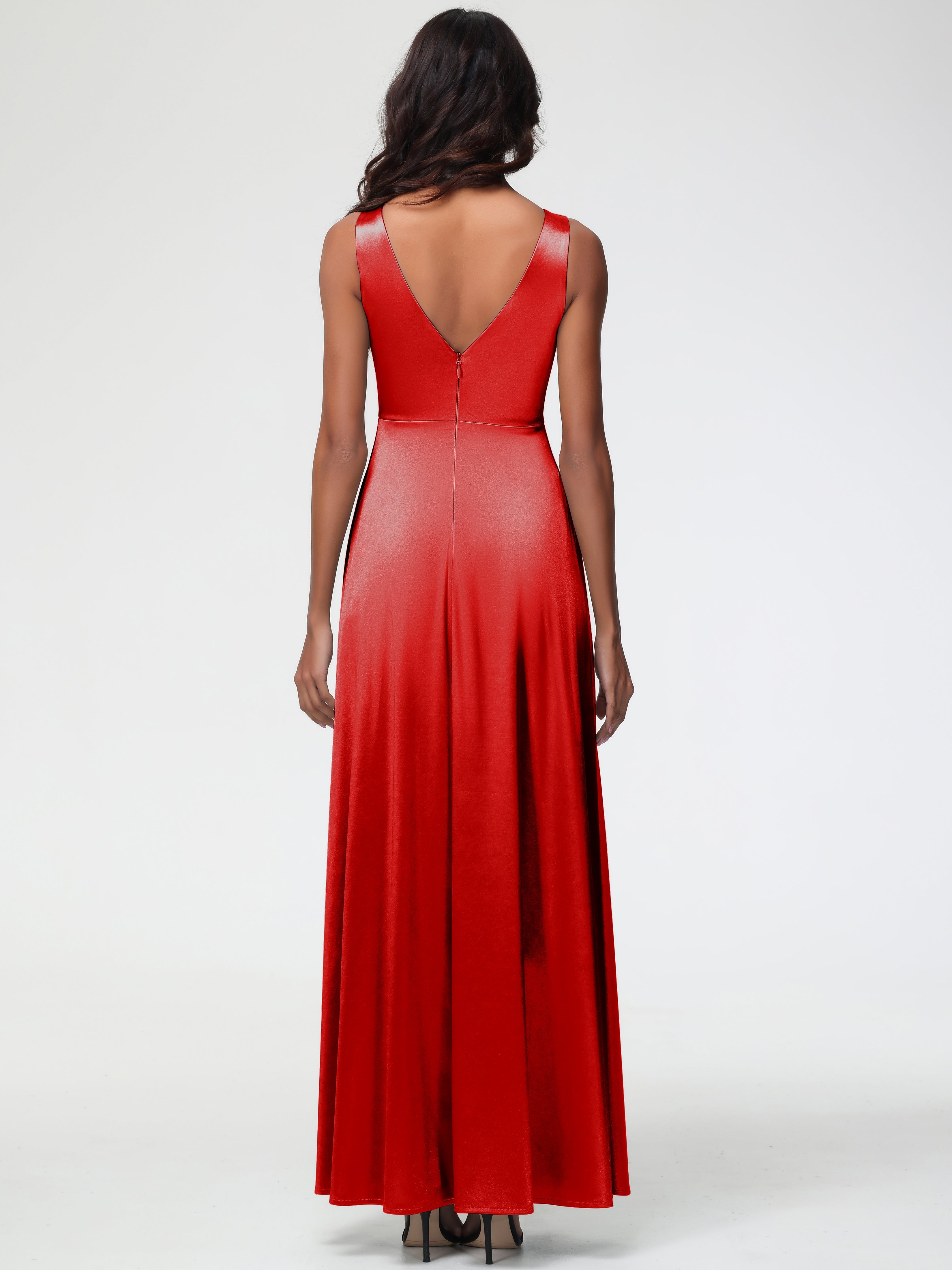 Robe De Demoiselle D Honneur Rouge Pas Cher Col V Bretelles épaisses Trapèze Satin Extensible Fendue Robe De Demoiselle D'Honneur