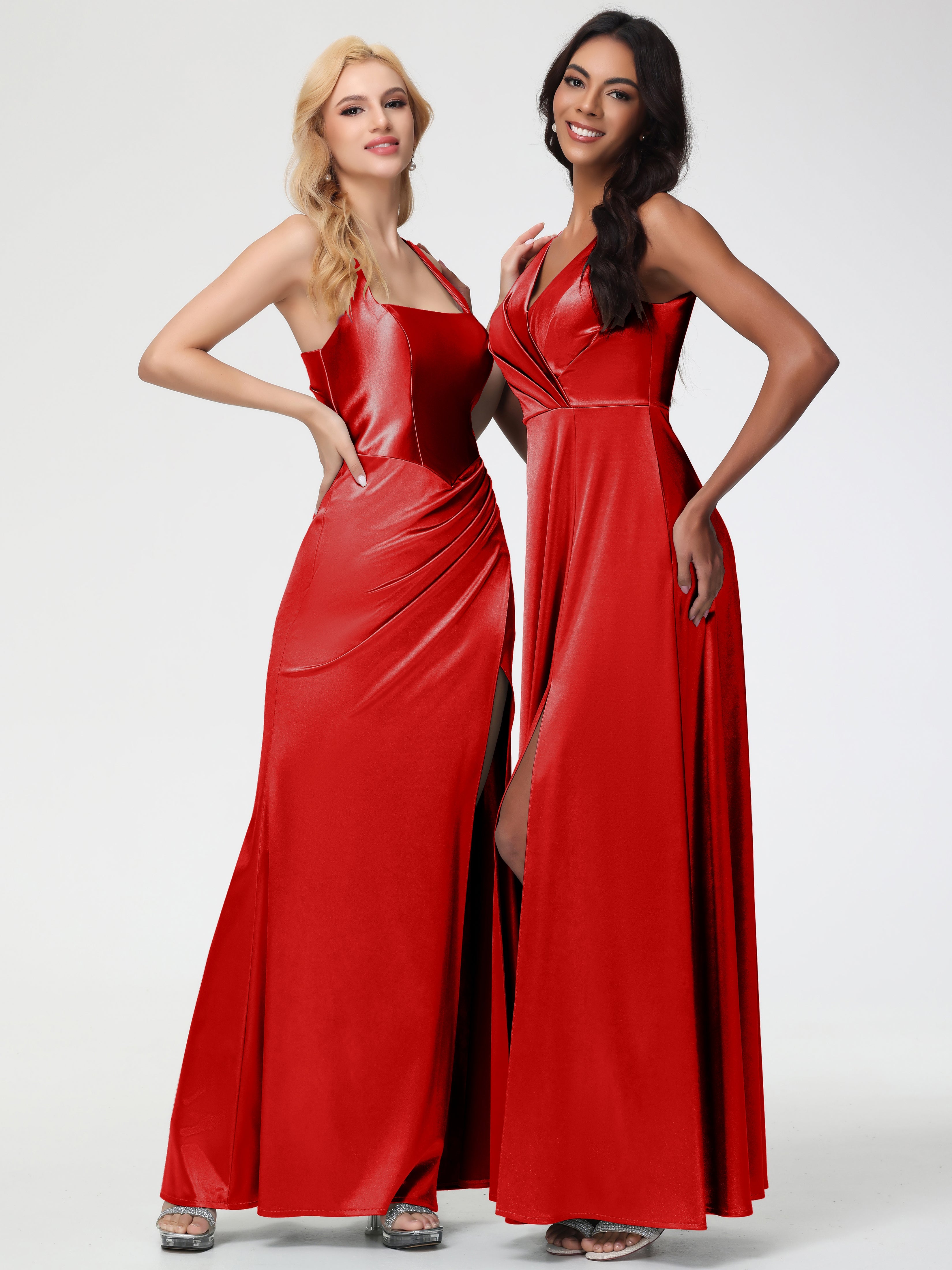 Robe De Demoiselle D Honneur Rouge Pas Cher Col V Bretelles épaisses Trapèze Satin Extensible Fendue Robe De Demoiselle D'Honneur