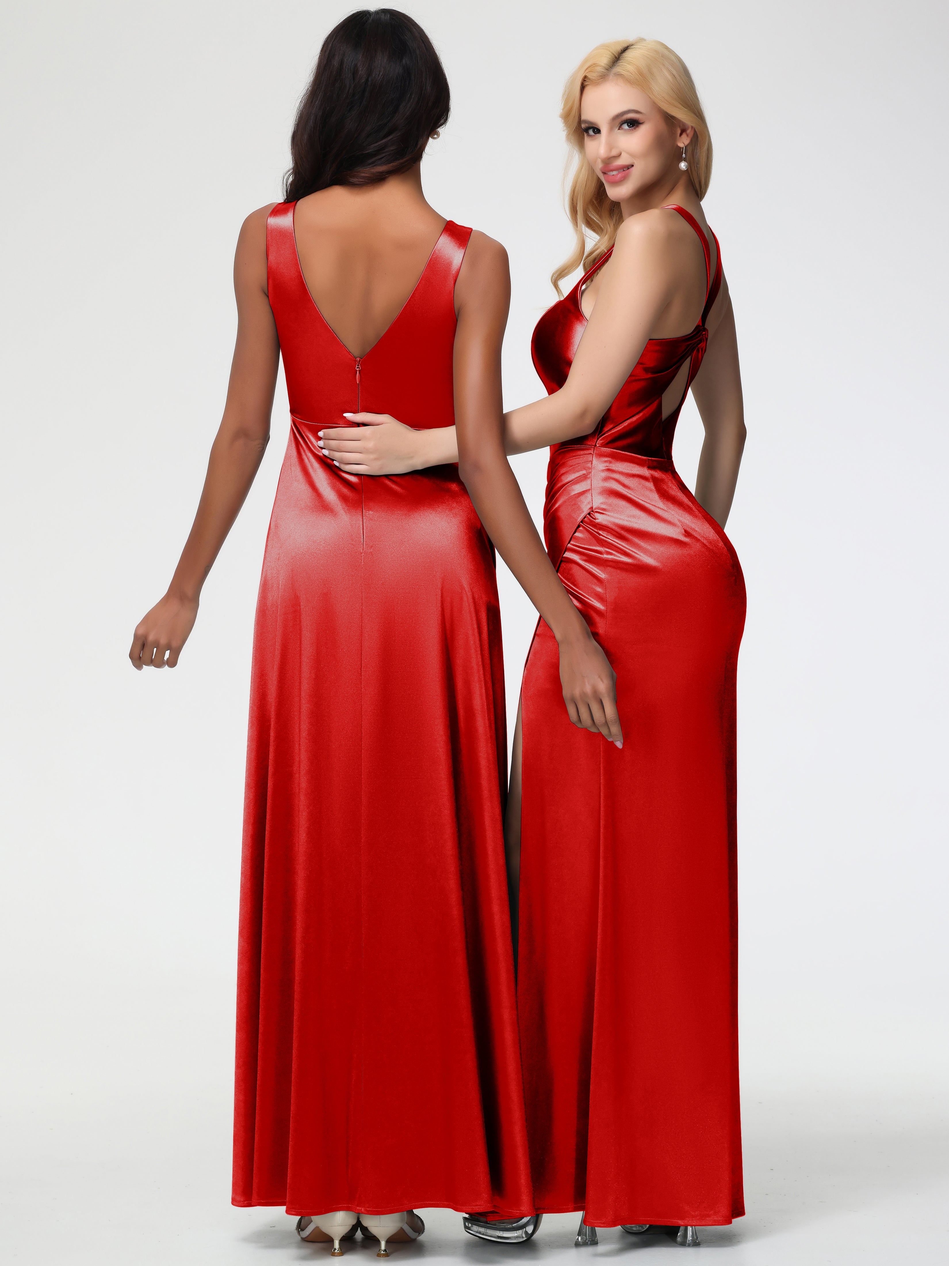 Robe De Demoiselle D Honneur Rouge Pas Cher Col V Bretelles épaisses Trapèze Satin Extensible Fendue Robe De Demoiselle D'Honneur
