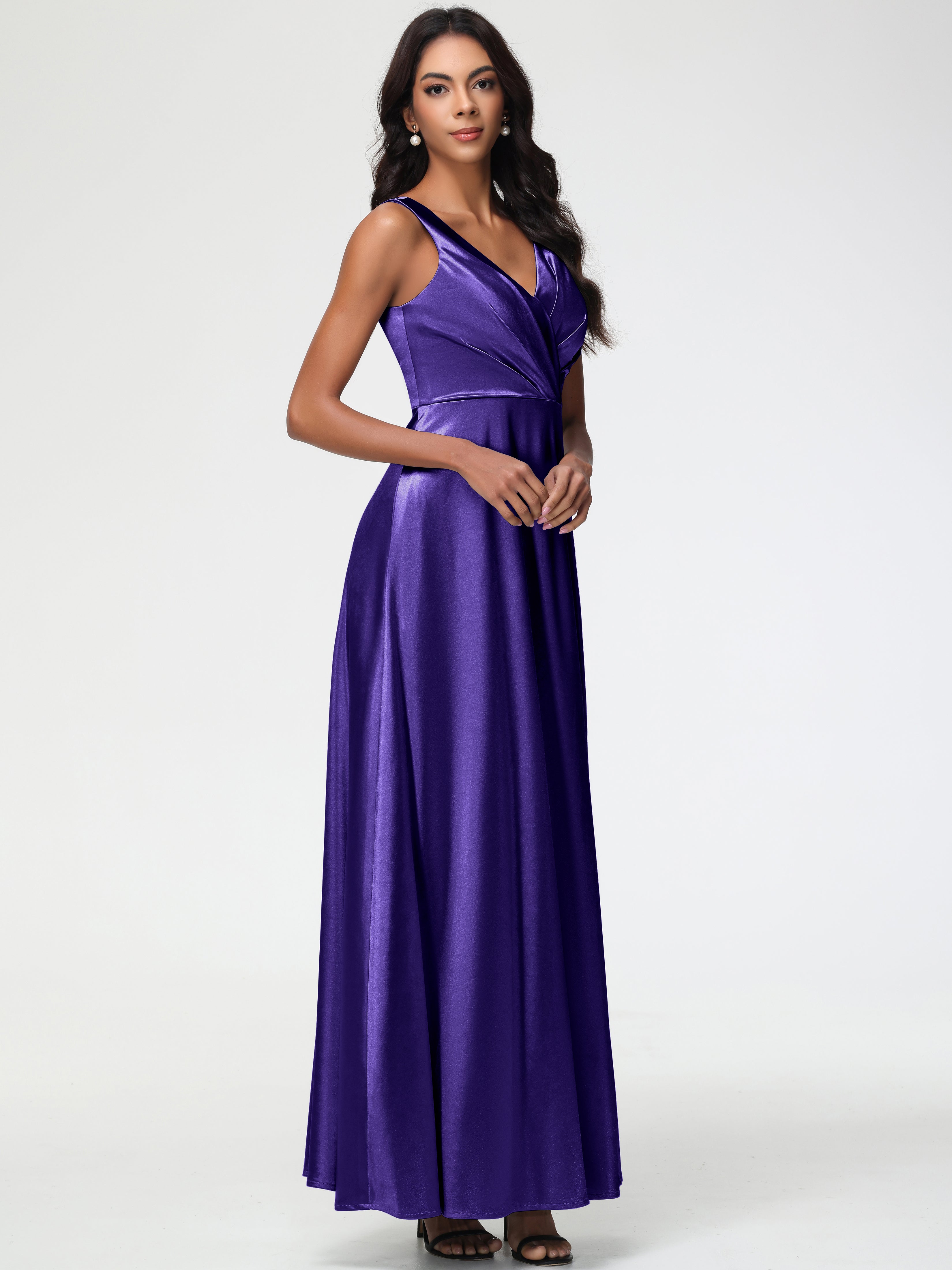 Robes De Demoiselle D'Honneur En Régence Col V Bretelles épaisses Trapèze Satin Extensible Fendue Robe De Demoiselle D'Honneur