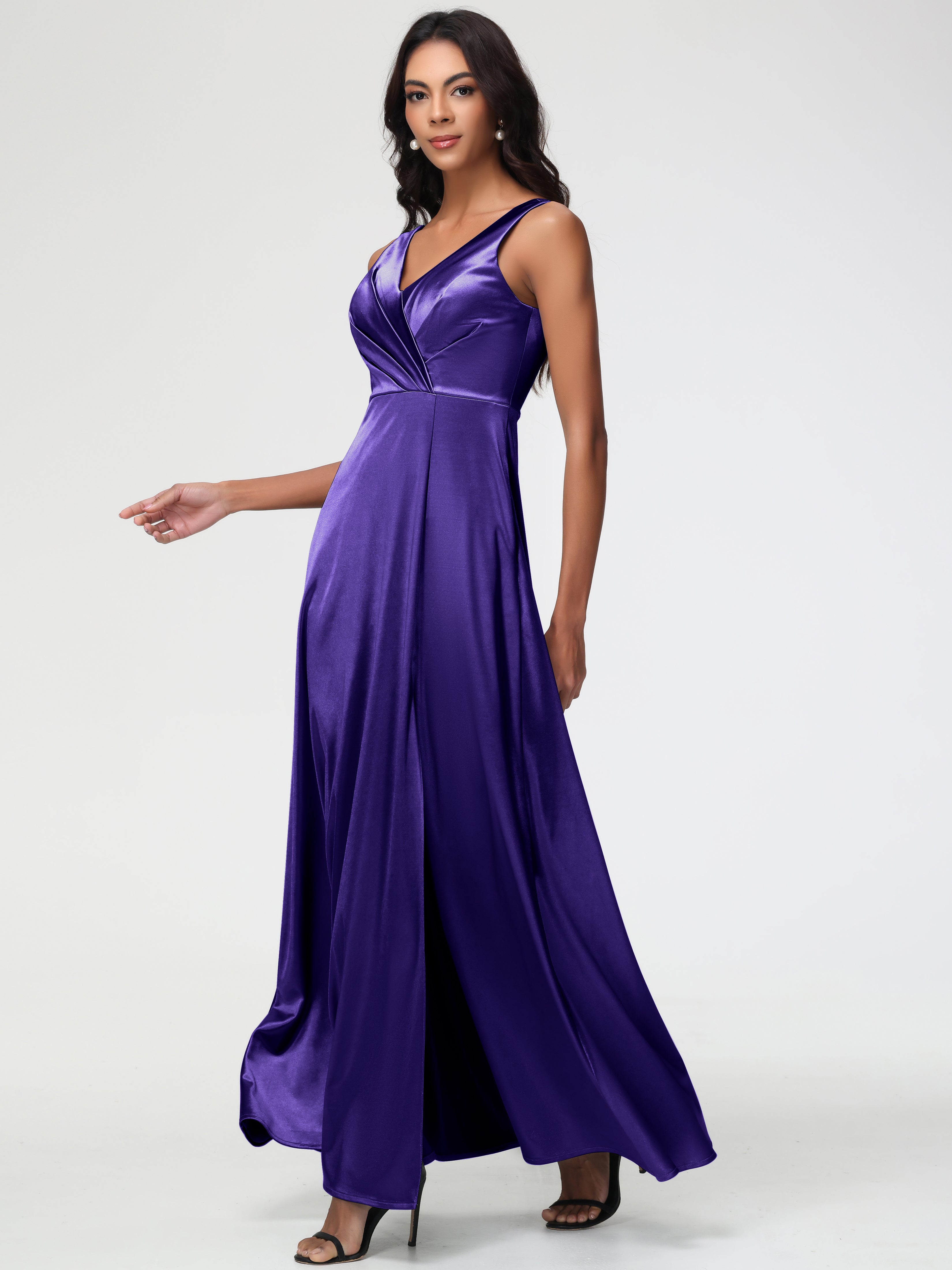 Robes De Demoiselle D'Honneur En Régence Col V Bretelles épaisses Trapèze Satin Extensible Fendue Robe De Demoiselle D'Honneur