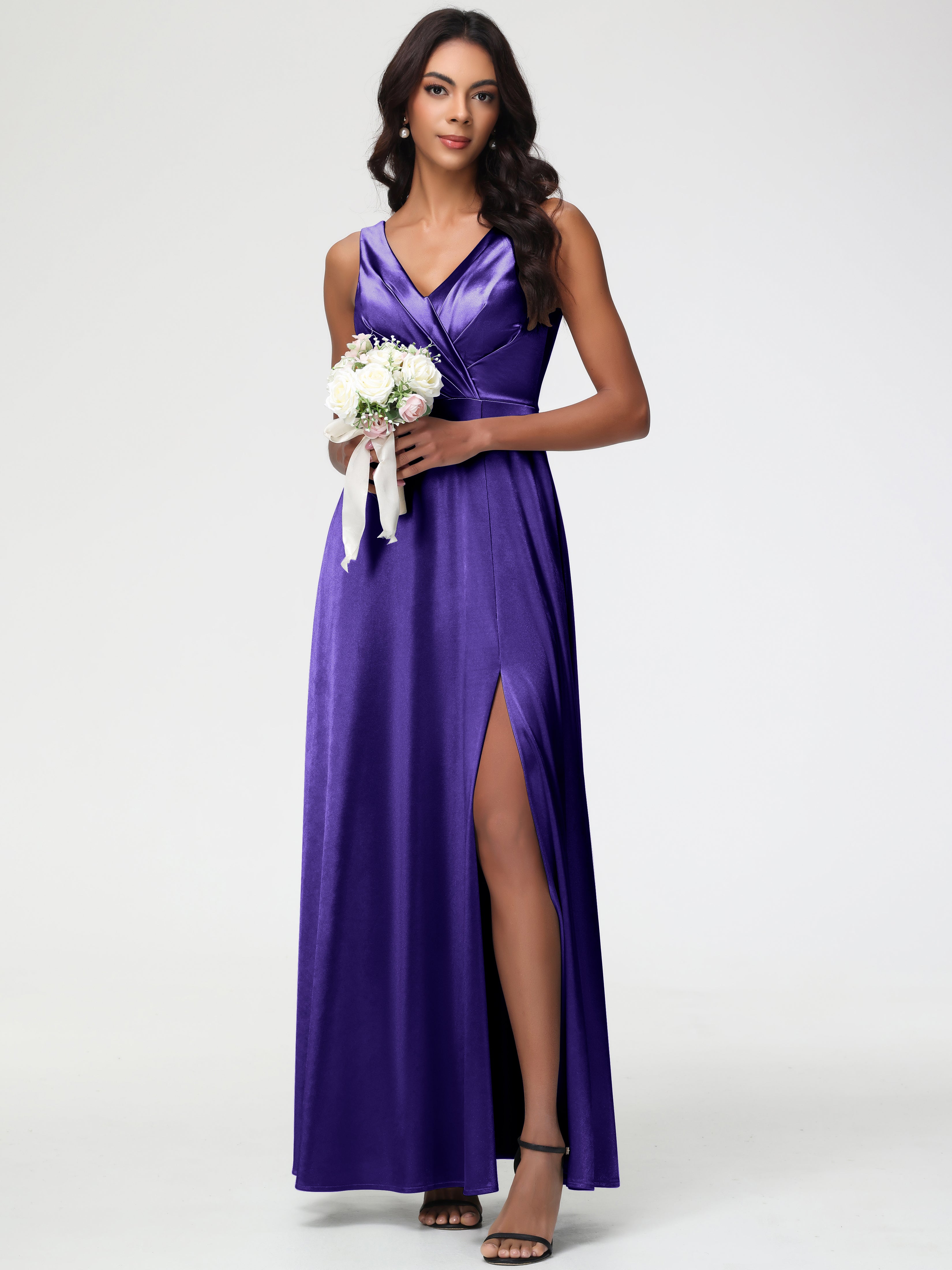 Robes De Demoiselle D'Honneur En Régence Col V Bretelles épaisses Trapèze Satin Extensible Fendue Robe De Demoiselle D'Honneur