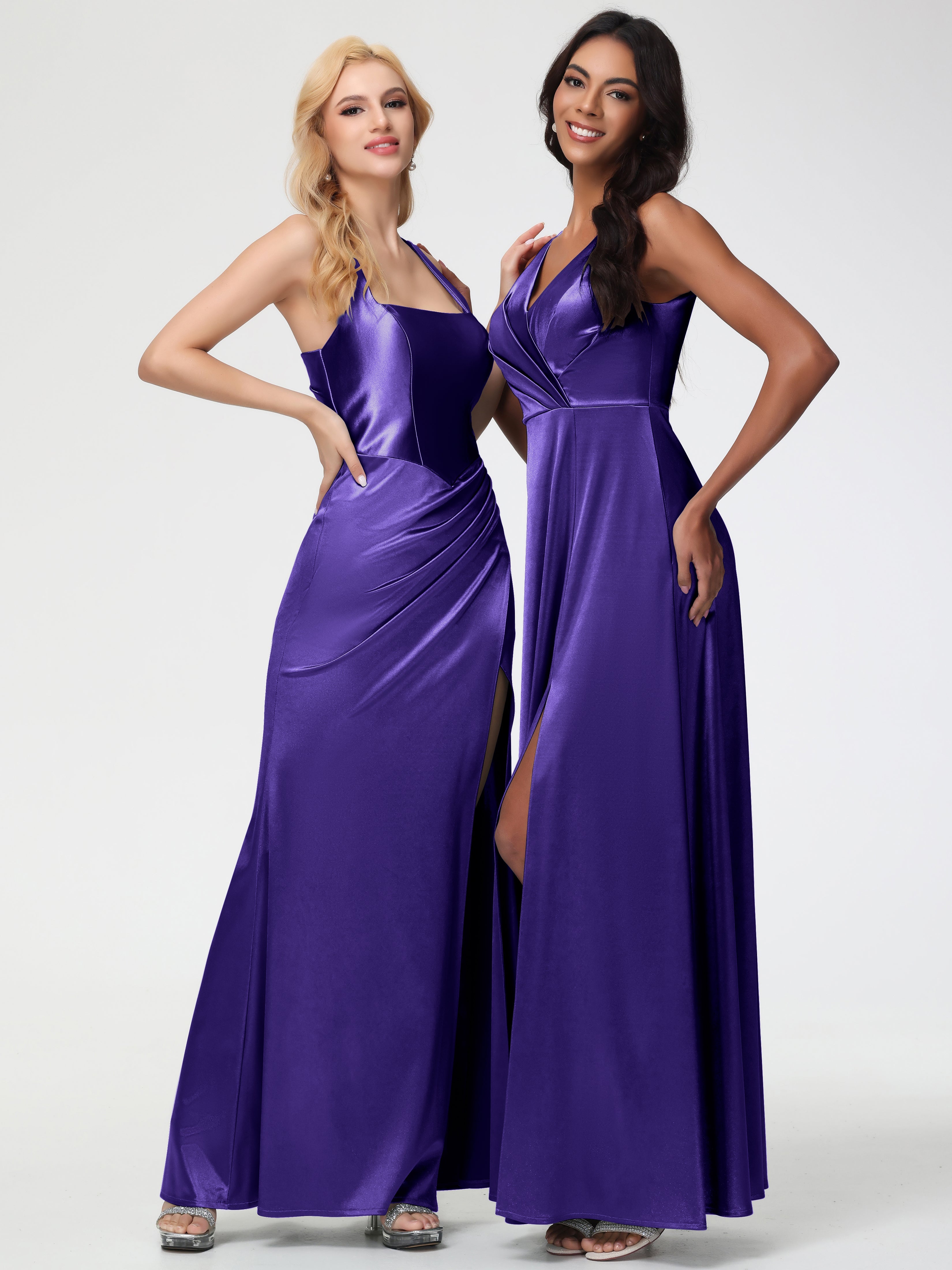 Robes De Demoiselle D'Honneur En Régence Col V Bretelles épaisses Trapèze Satin Extensible Fendue Robe De Demoiselle D'Honneur