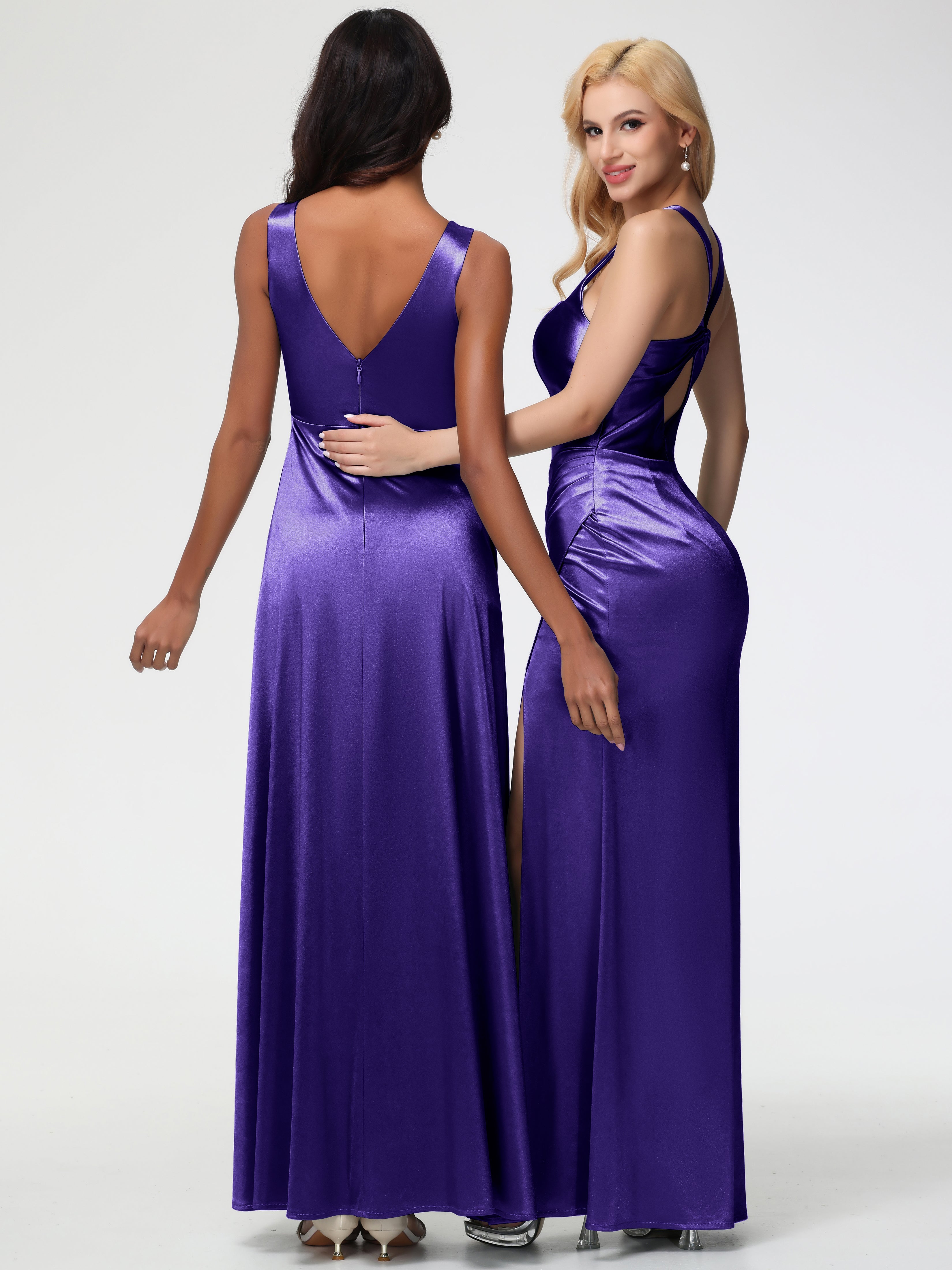 Robes De Demoiselle D'Honneur En Régence Col V Bretelles épaisses Trapèze Satin Extensible Fendue Robe De Demoiselle D'Honneur
