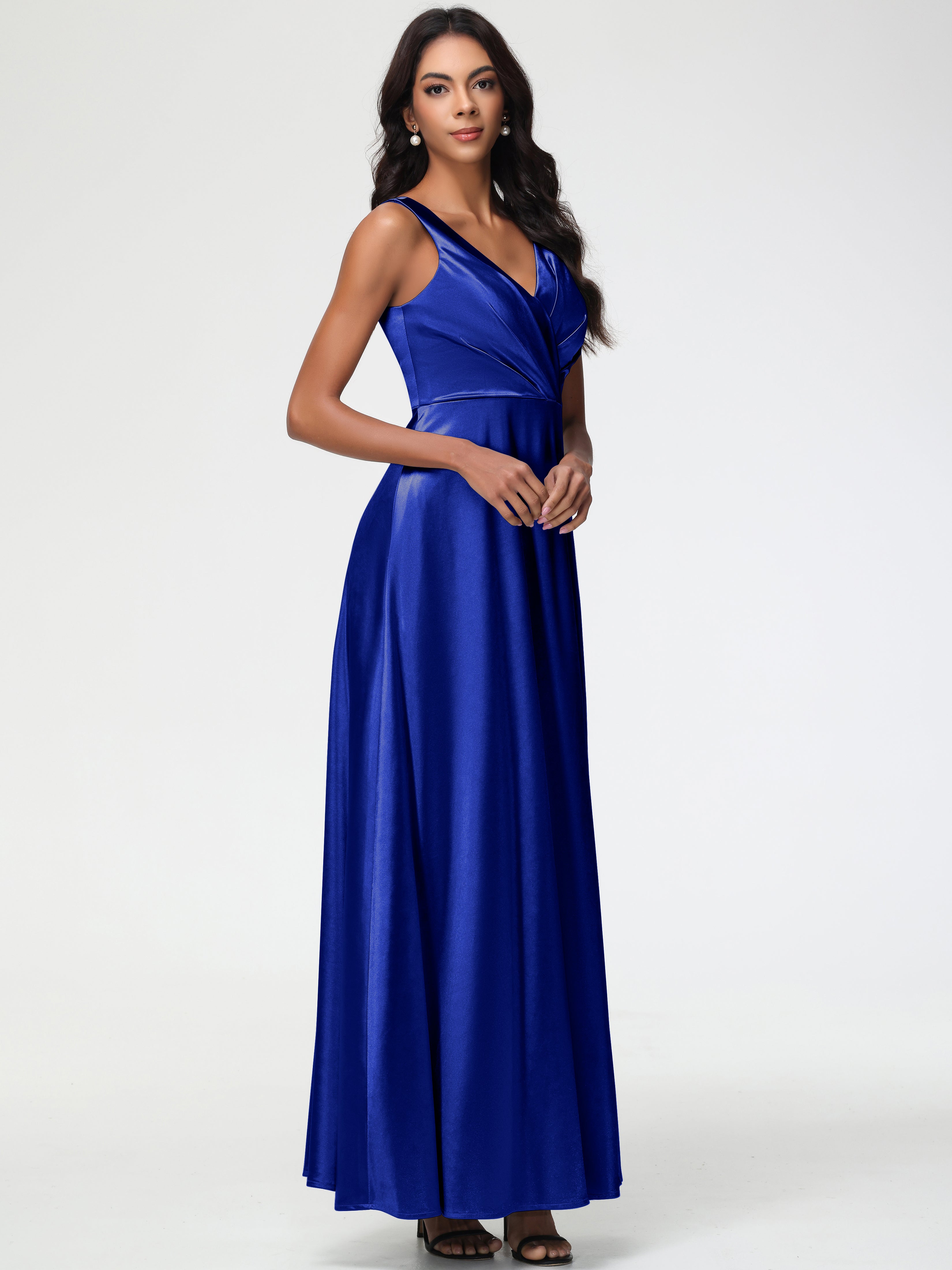 Robe Demoiselle D Honneur Bleu Royal Col V Bretelles épaisses Trapèze Satin Extensible Fendue Robe De Demoiselle D'Honneur