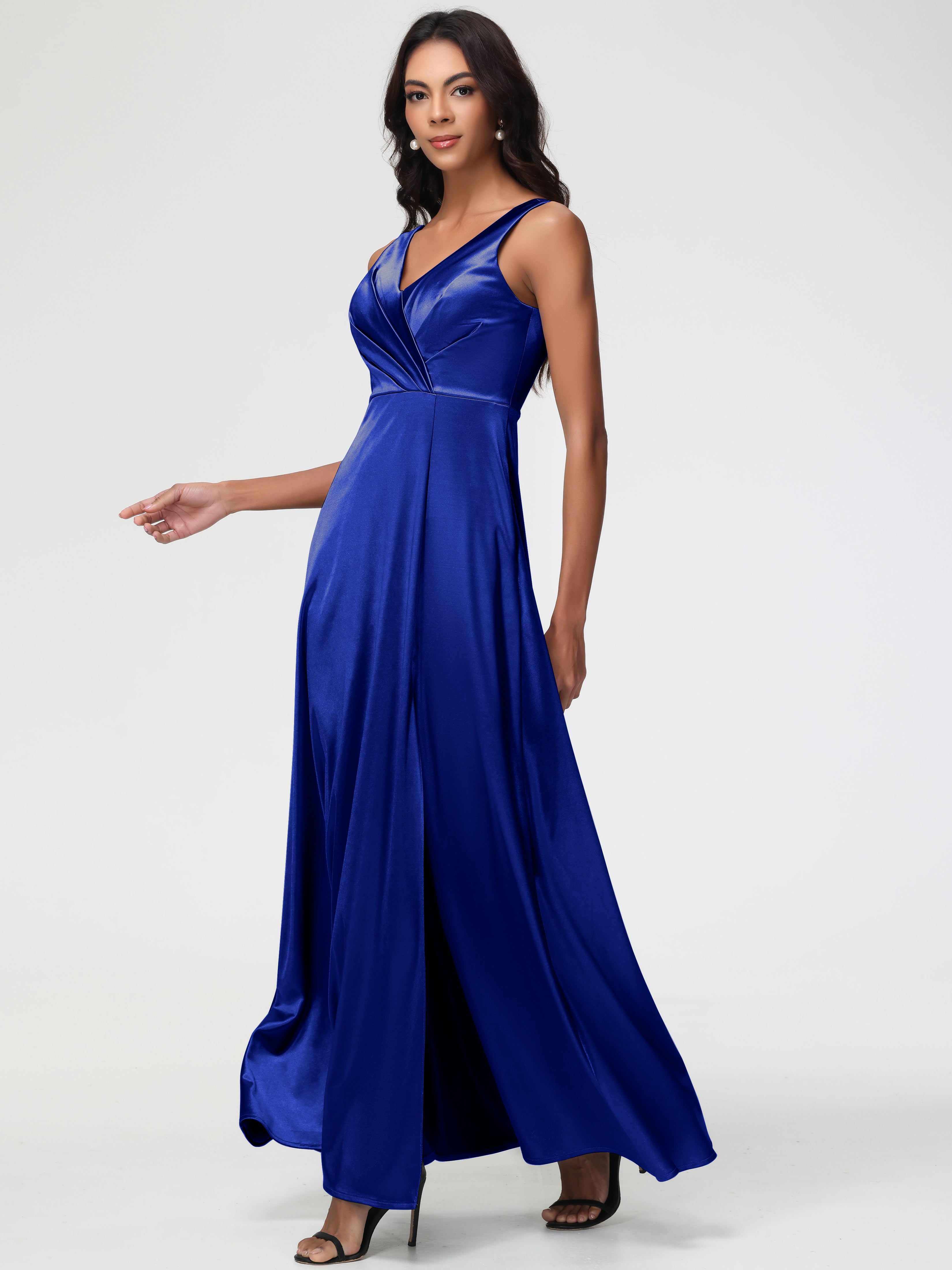 Robe Demoiselle D Honneur Bleu Royal Col V Bretelles épaisses Trapèze Satin Extensible Fendue Robe De Demoiselle D'Honneur