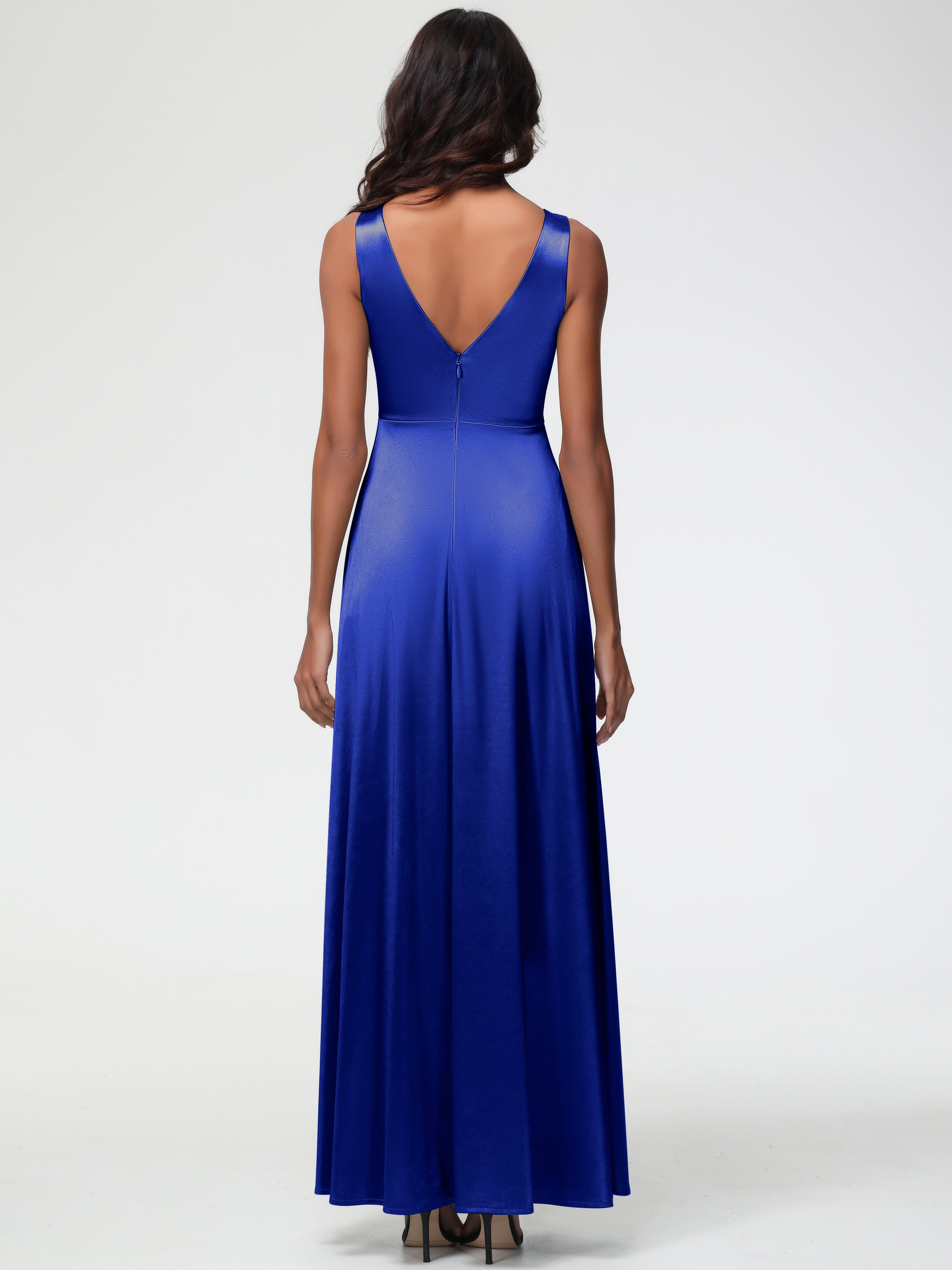 Robe Demoiselle D Honneur Bleu Royal Col V Bretelles épaisses Trapèze Satin Extensible Fendue Robe De Demoiselle D'Honneur