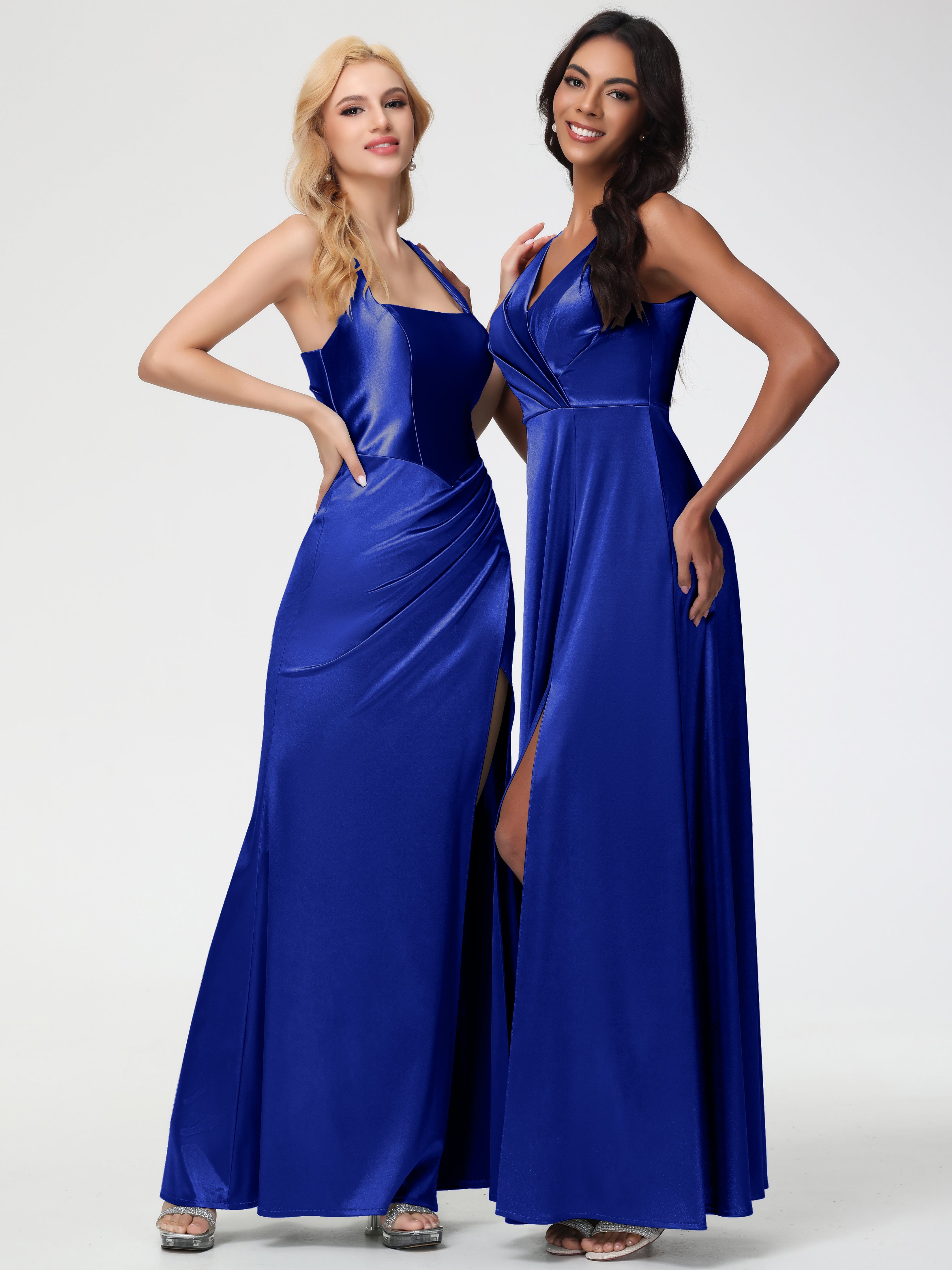 Robe Demoiselle D Honneur Bleu Royal Col V Bretelles épaisses Trapèze Satin Extensible Fendue Robe De Demoiselle D'Honneur