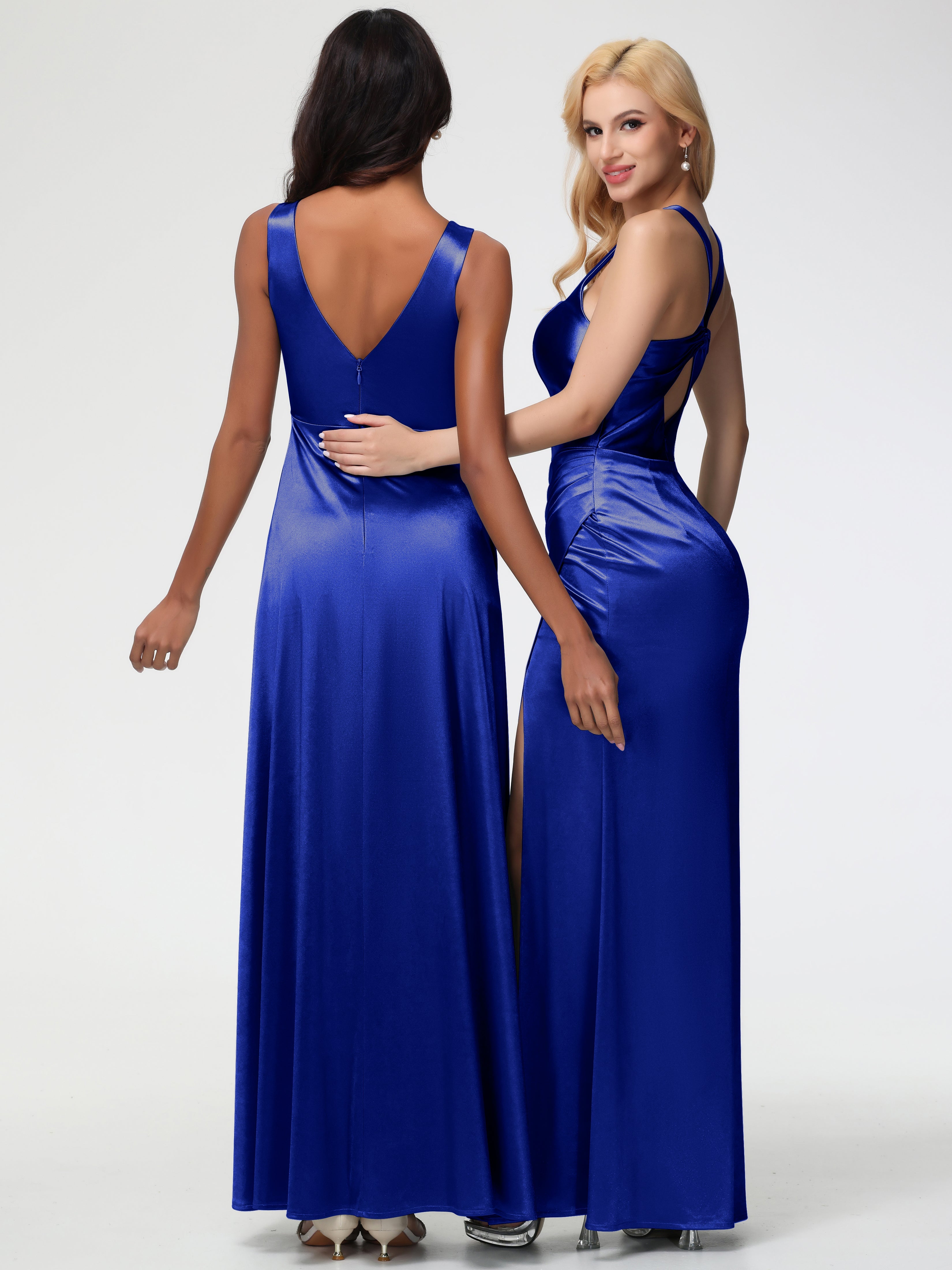 Robe Demoiselle D Honneur Bleu Royal Col V Bretelles épaisses Trapèze Satin Extensible Fendue Robe De Demoiselle D'Honneur